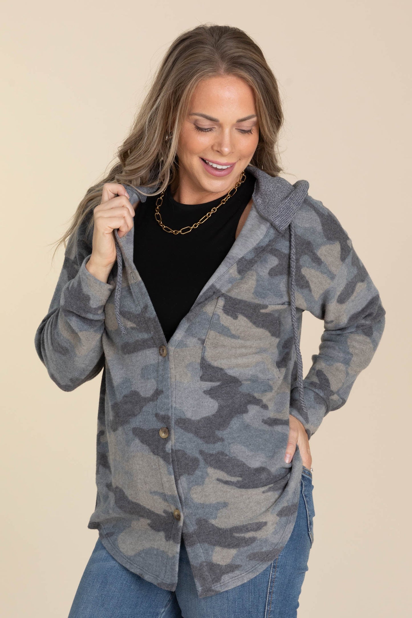 Soft Brushed Camo Print Hooded Button Up