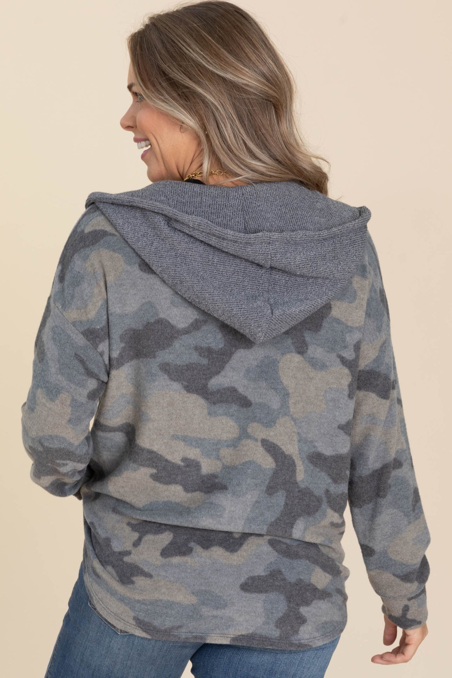 Soft Brushed Camo Print Hooded Button Up