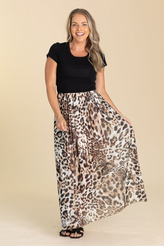 Leopard Mesh Maxi Skirt With Lining
