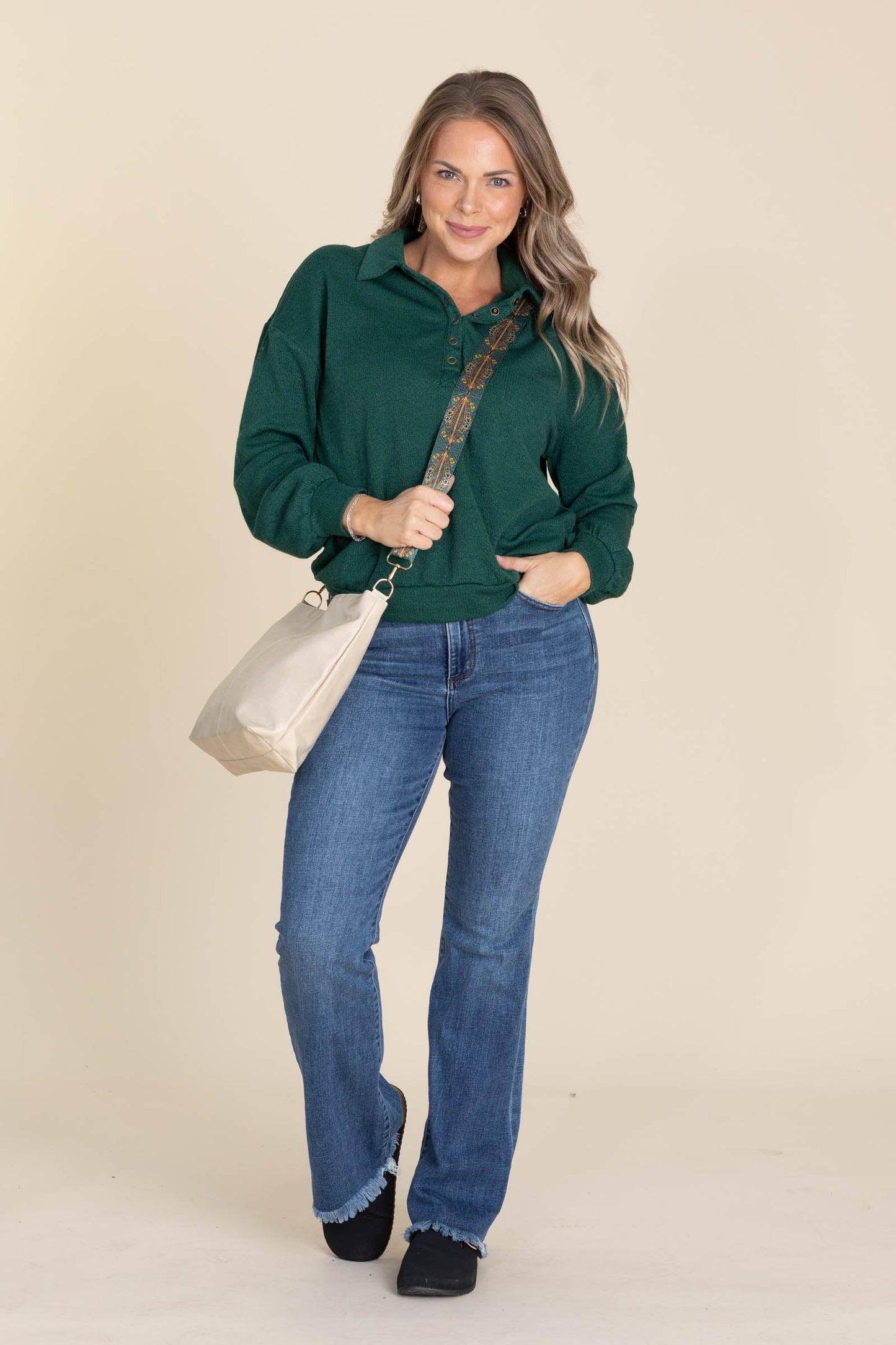 Collared Half Snap Button Long Sleeve Knit Top