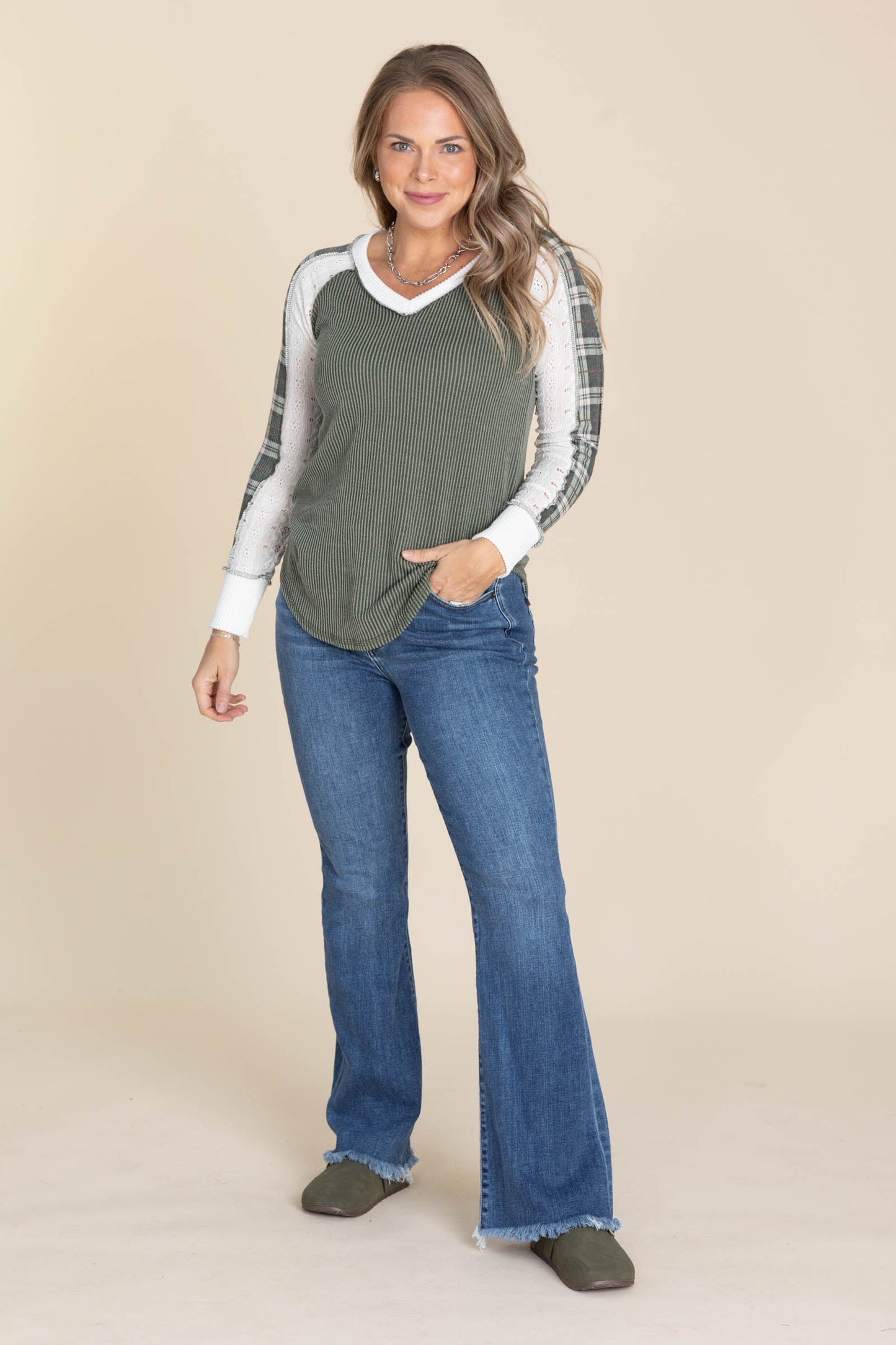 Olive Plaid Contrast Sleeves V-Neck Knit Top