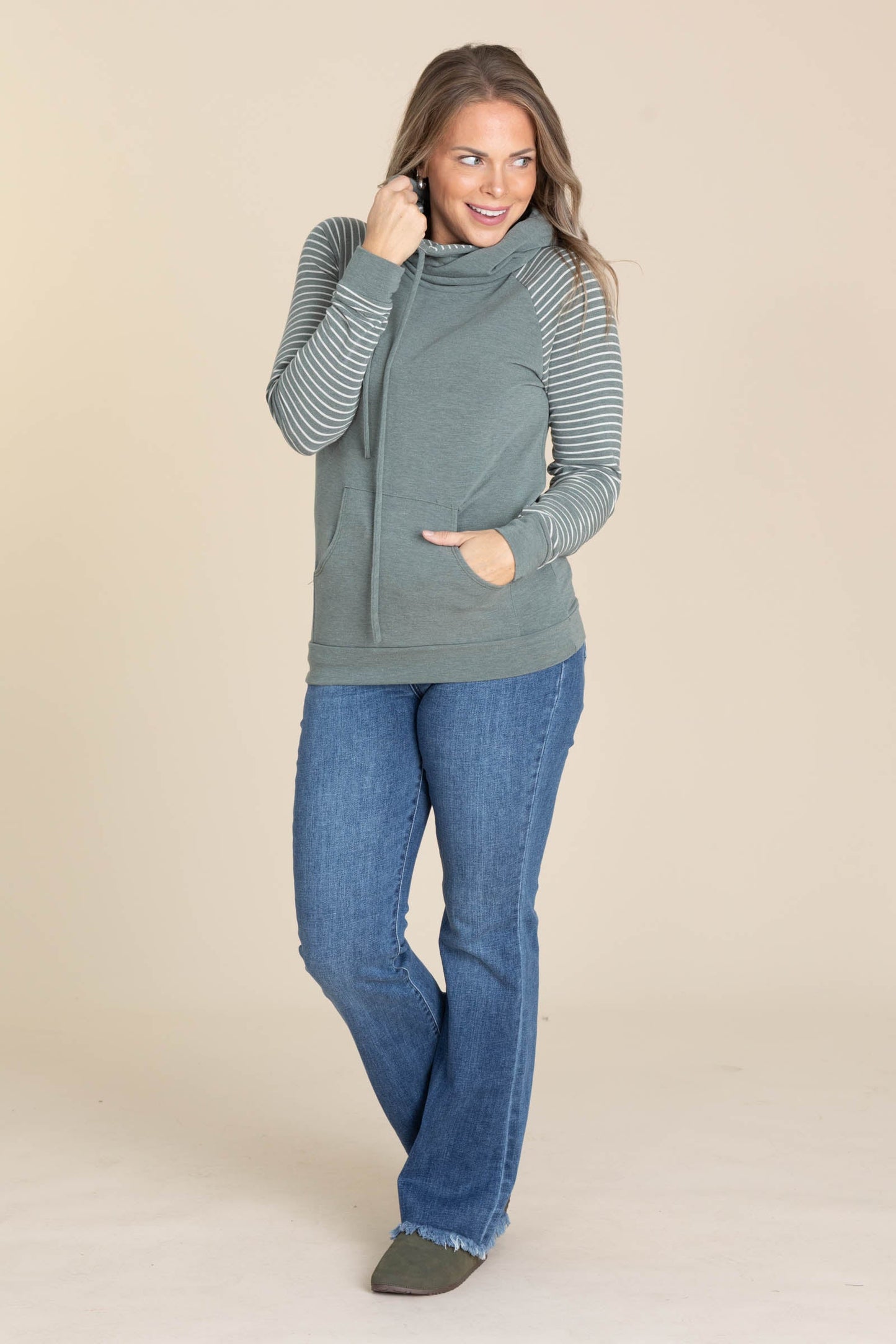 Vintage Olive Drawstring Stripe Sleeve Hoodie