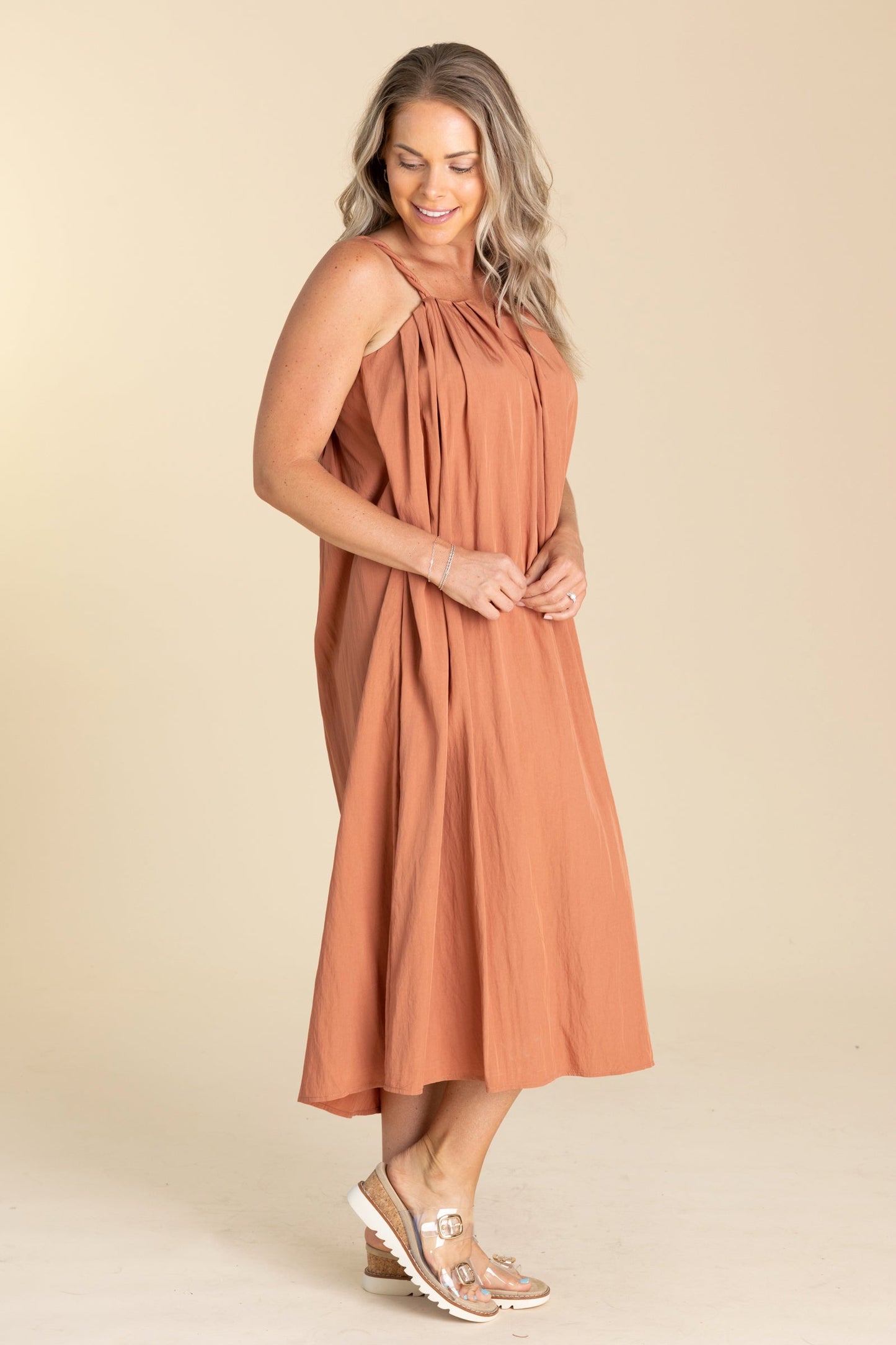 Solid Pleated Woven Midi Dress