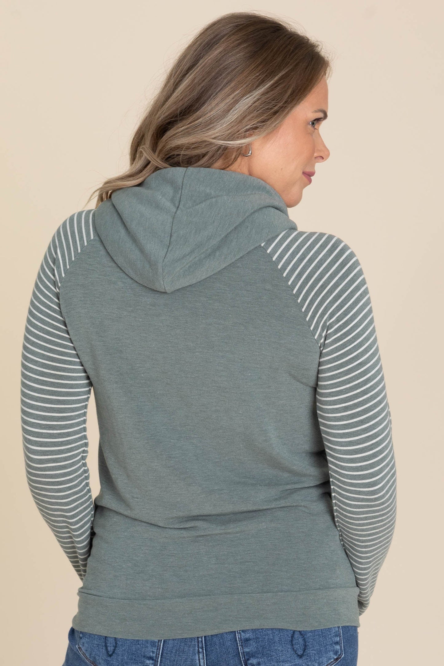 Vintage Olive Drawstring Stripe Sleeve Hoodie