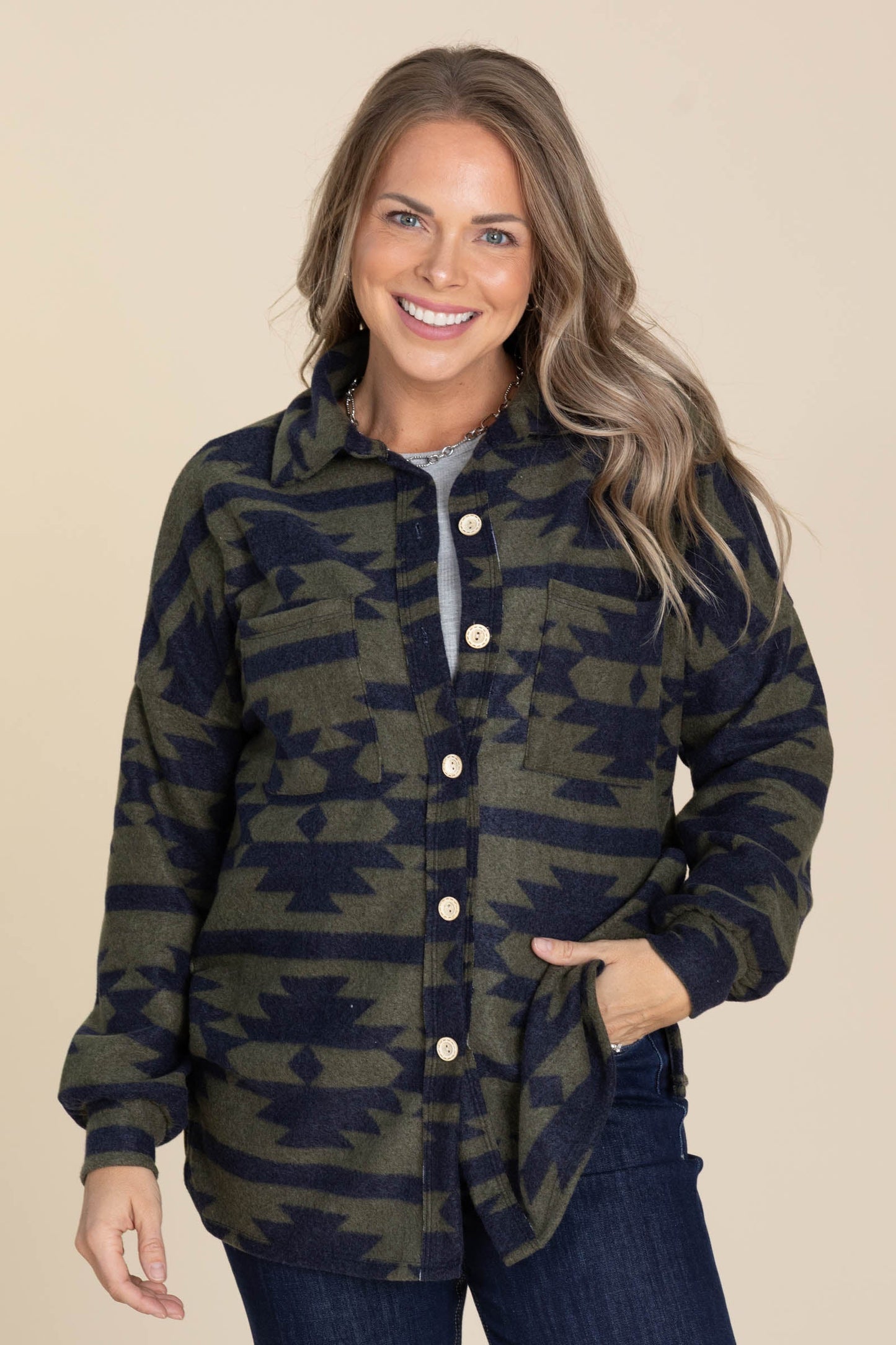 Olive Aztec Print Light Shacket