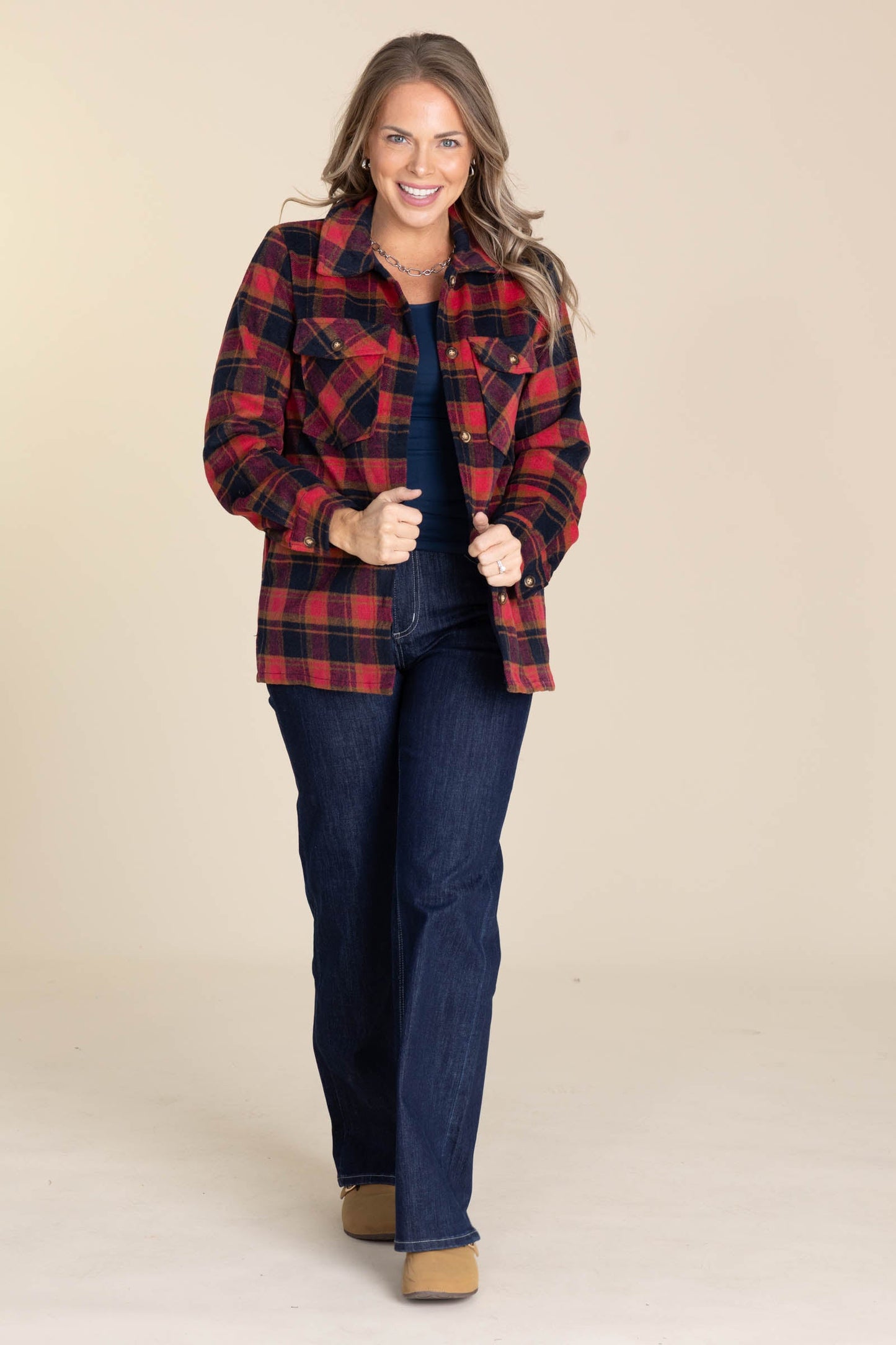 Red And Black Plaid Shacket With Gold