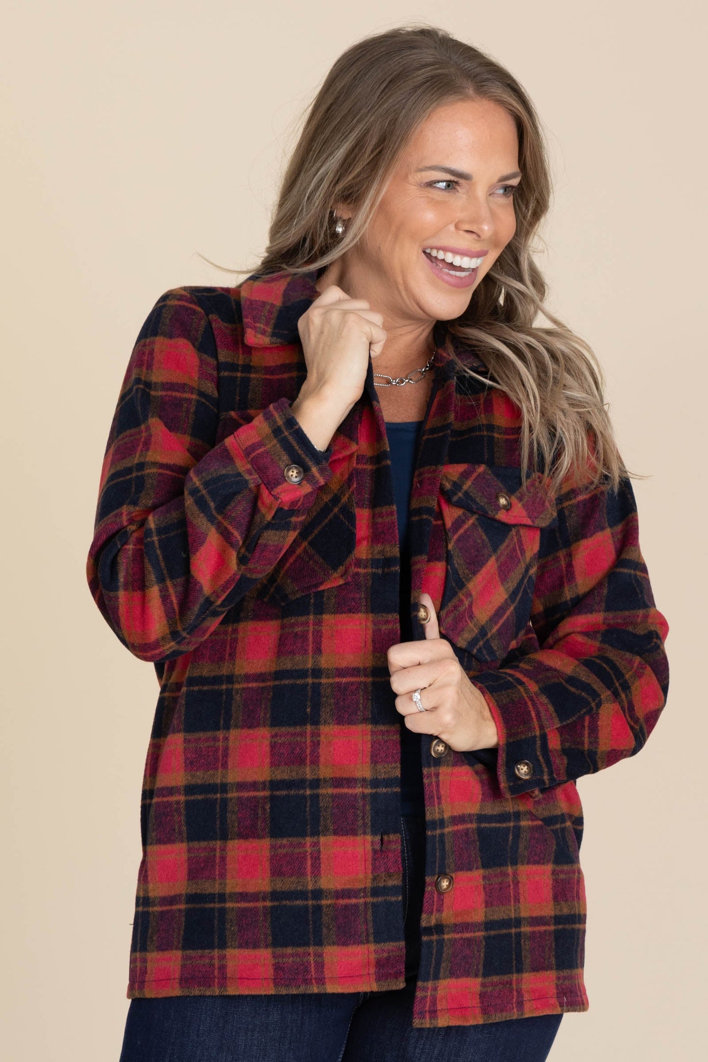 Red And Black Plaid Shacket With Gold