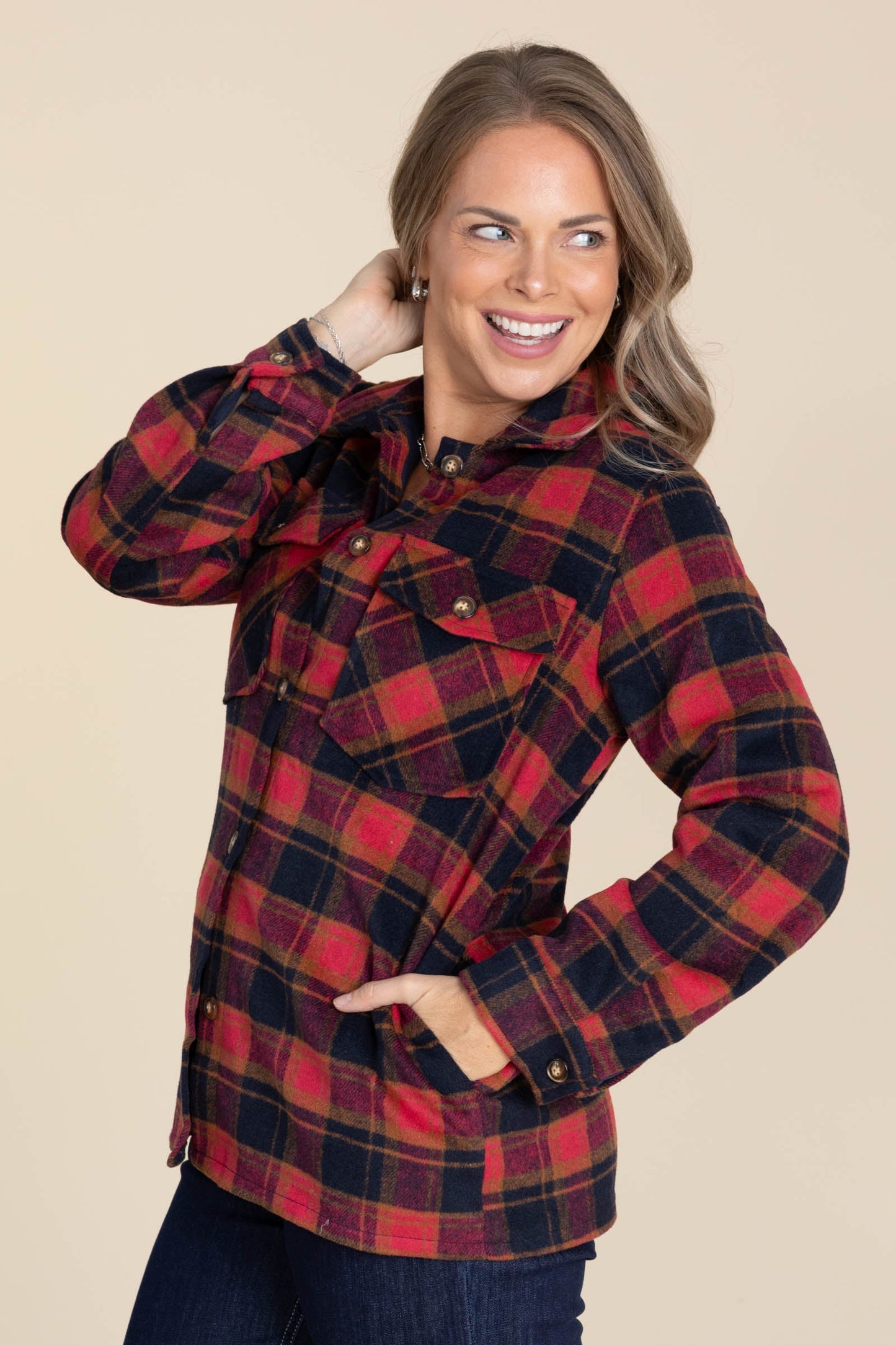 Red And Black Plaid Shacket With Gold