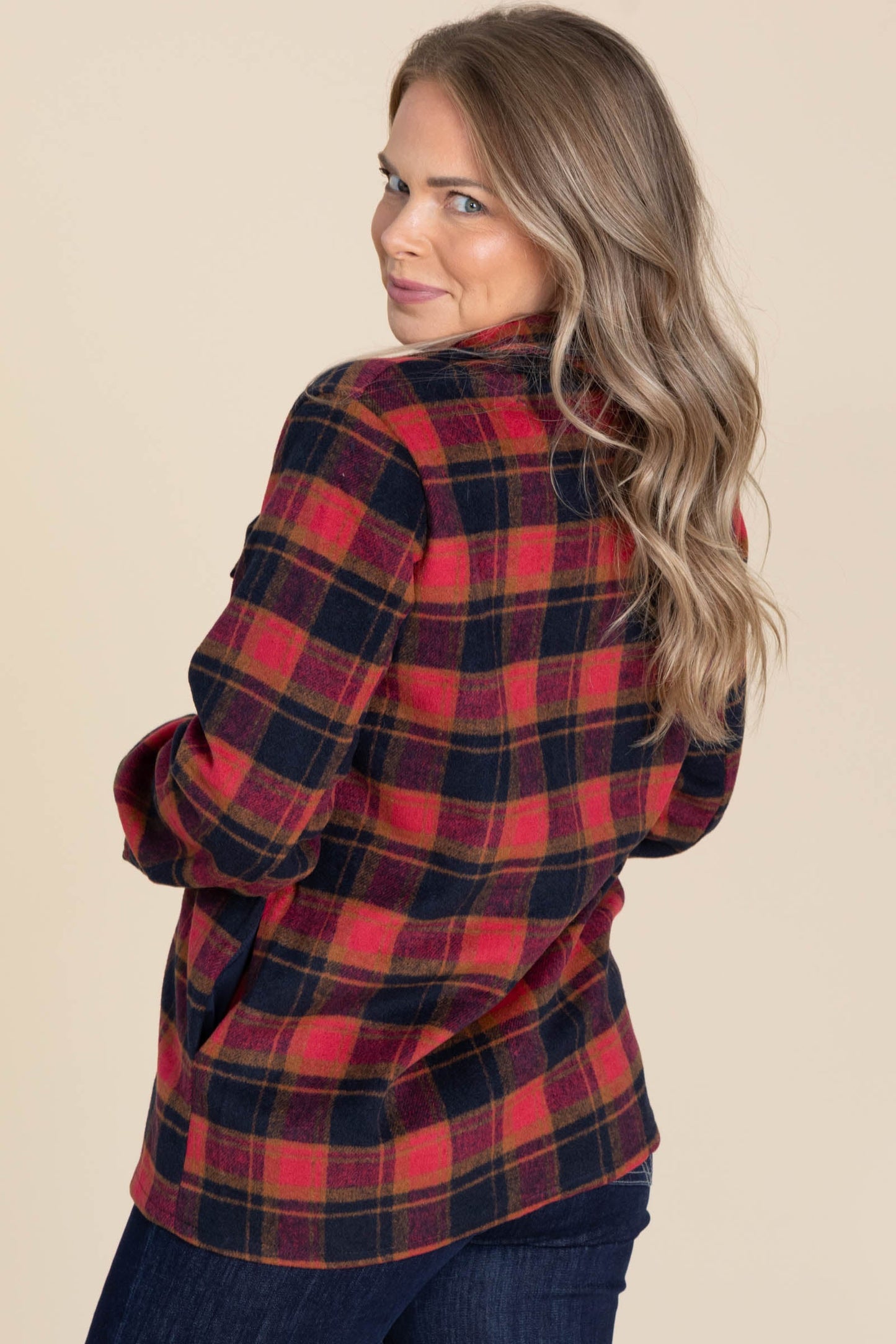 Red And Black Plaid Shacket With Gold