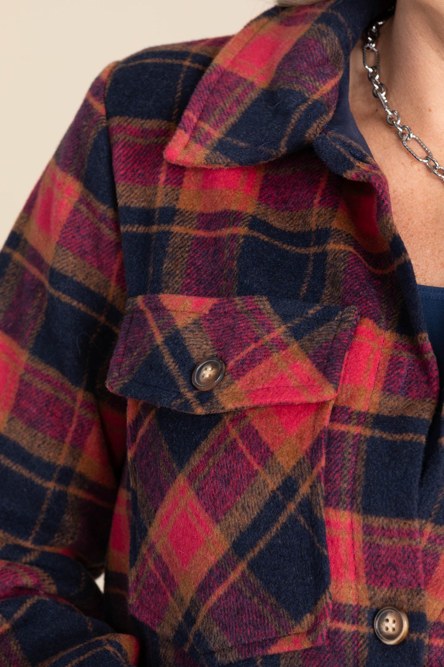 Red And Black Plaid Shacket With Gold