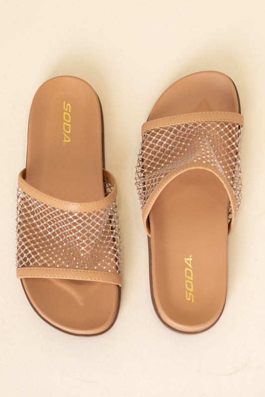 Tan Fishnet Gold Rhinestone Slip On Sandal