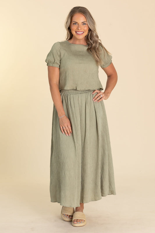 Sage High Waisted Midi Skirt