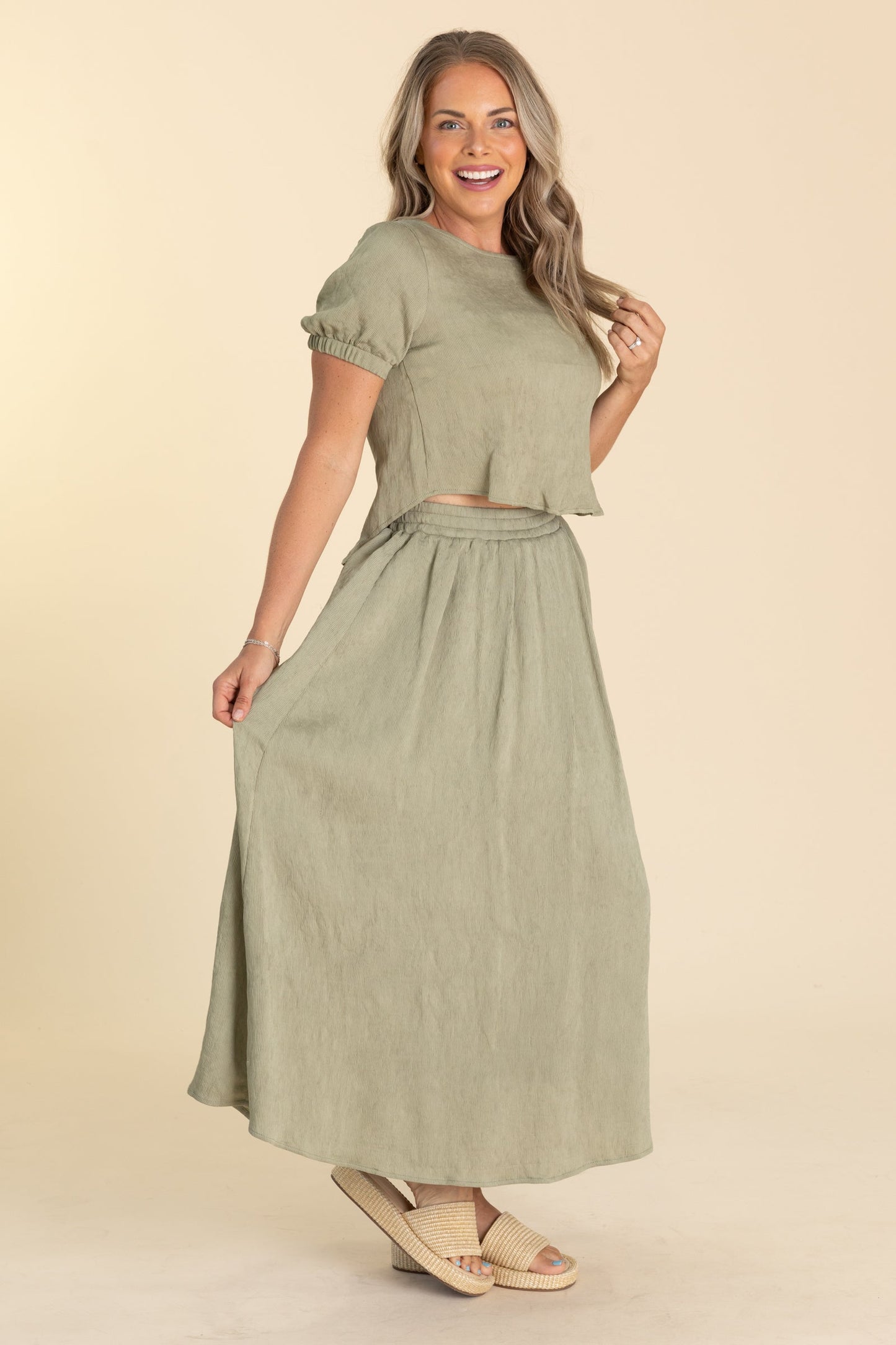 Sage Short Puff Sleeve Back Tie Woven Top