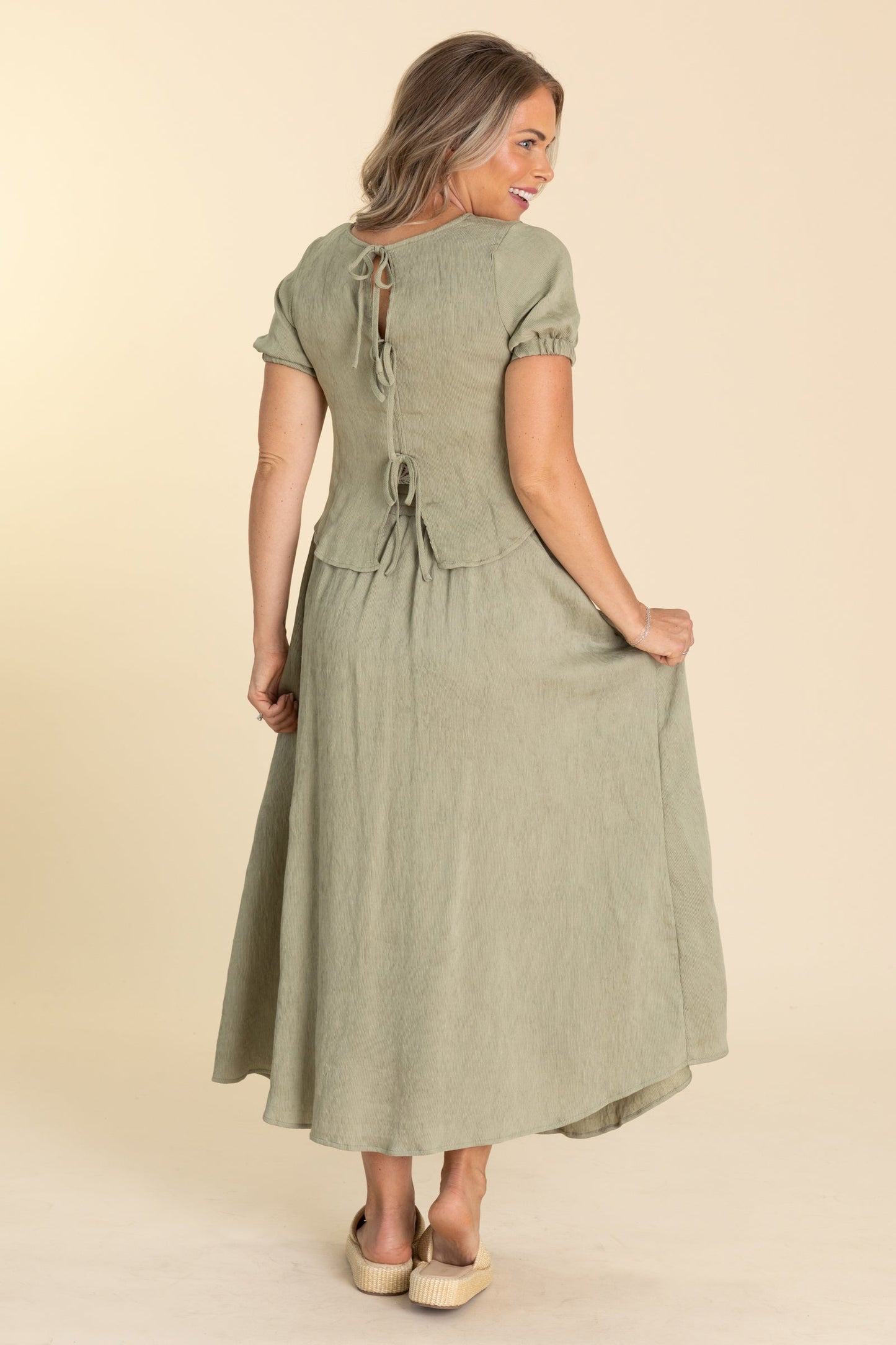 Sage Short Puff Sleeve Back Tie Woven Top