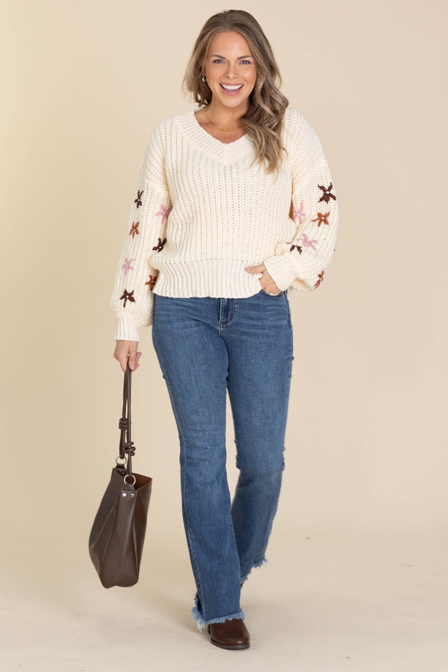 Cream V-Neck Sweater With Flower Detail