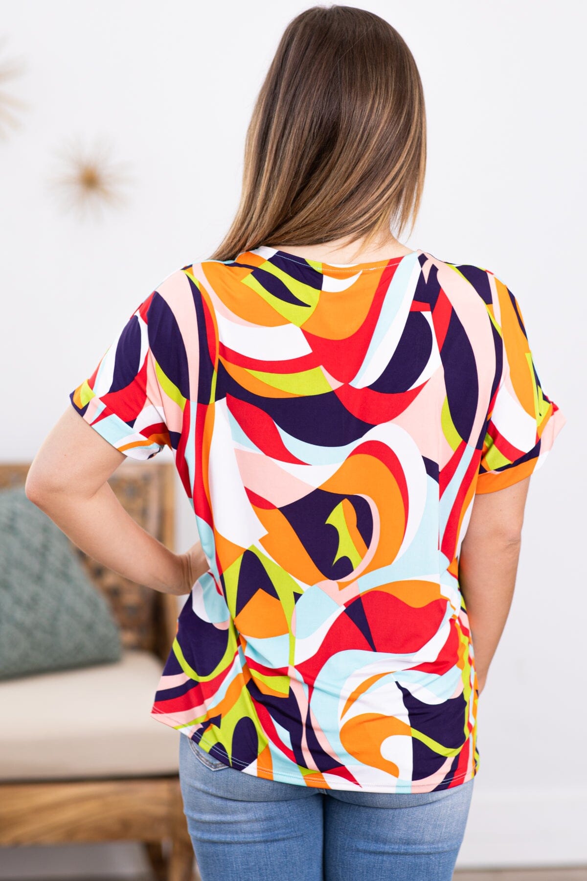 Orange and Pink Multicolor Abstract Print Top
