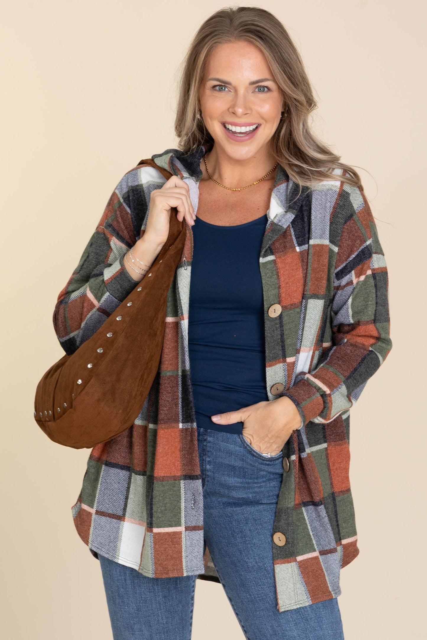 Olive Plaid Soft Knit Button Down Hoodie Top