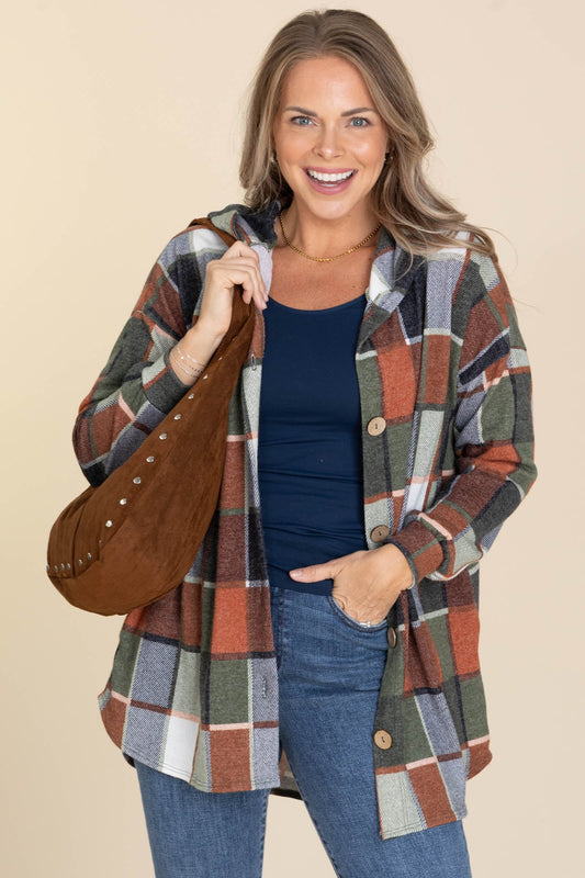 Olive Plaid Soft Knit Button Down Hoodie Top