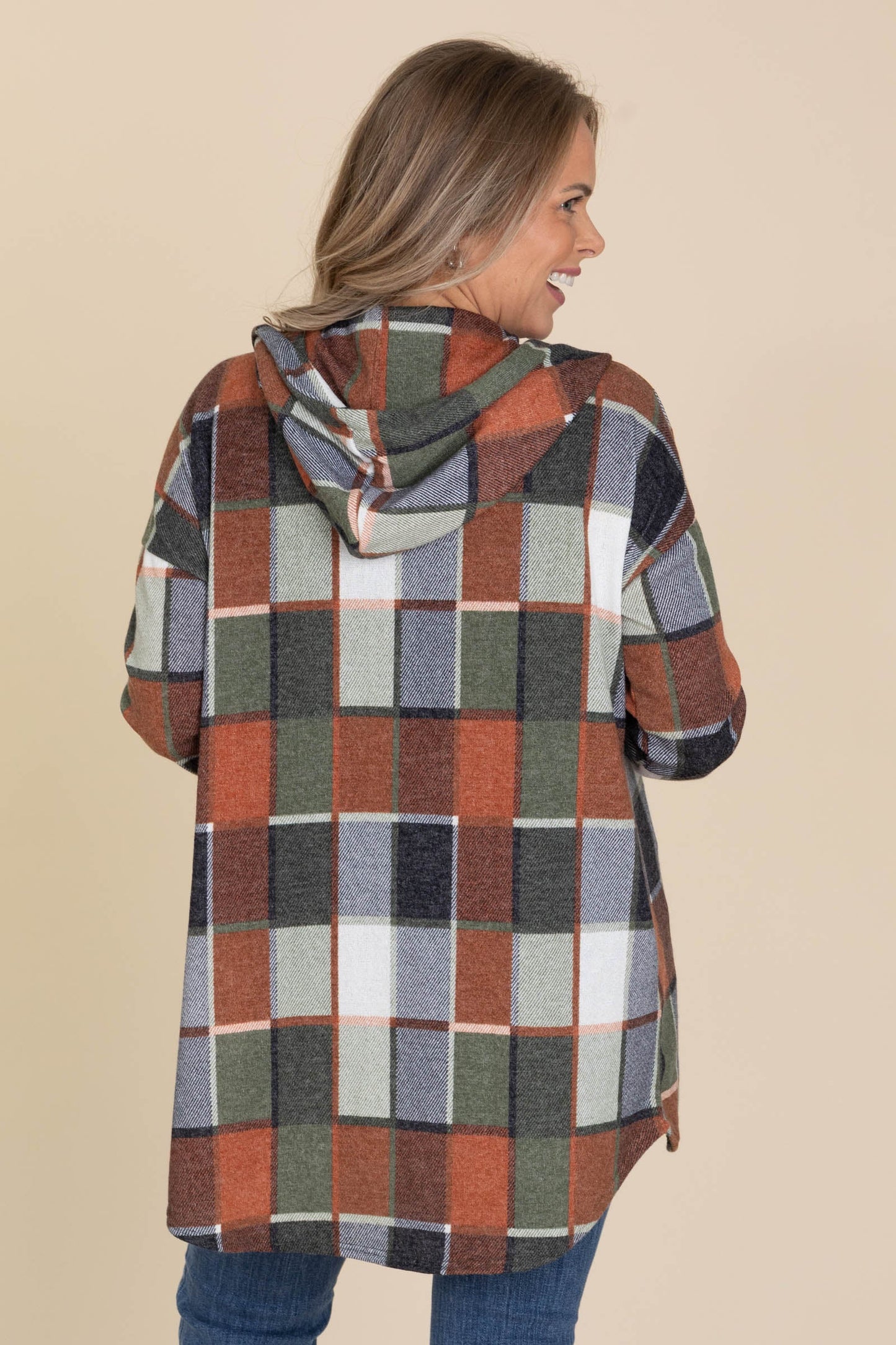 Olive Plaid Soft Knit Button Down Hoodie Top