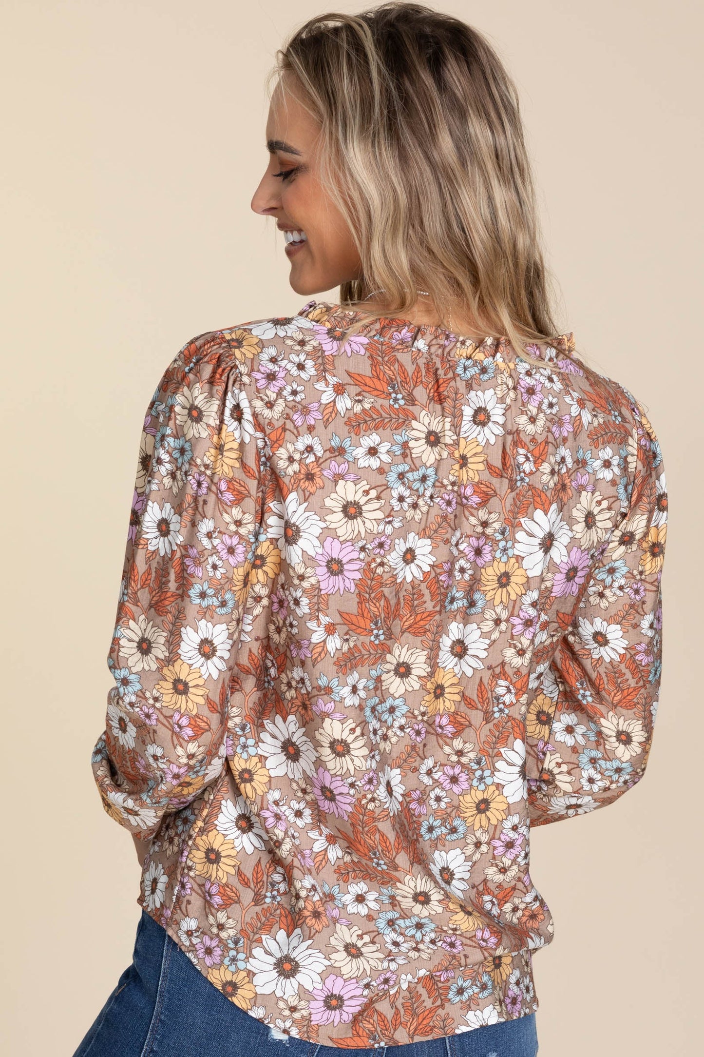 Mocha Floral Print Blouse With Ruffled Neck