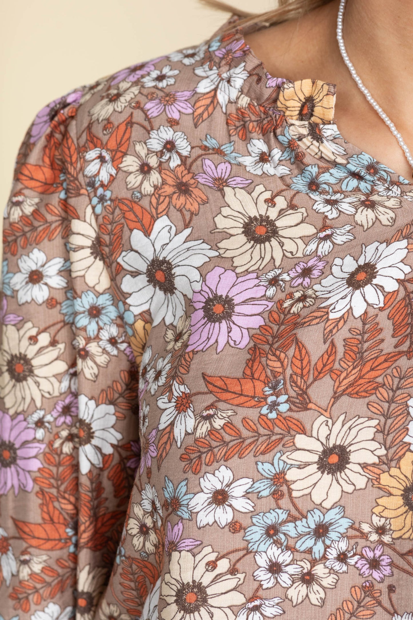 Mocha Floral Print Blouse With Ruffled Neck