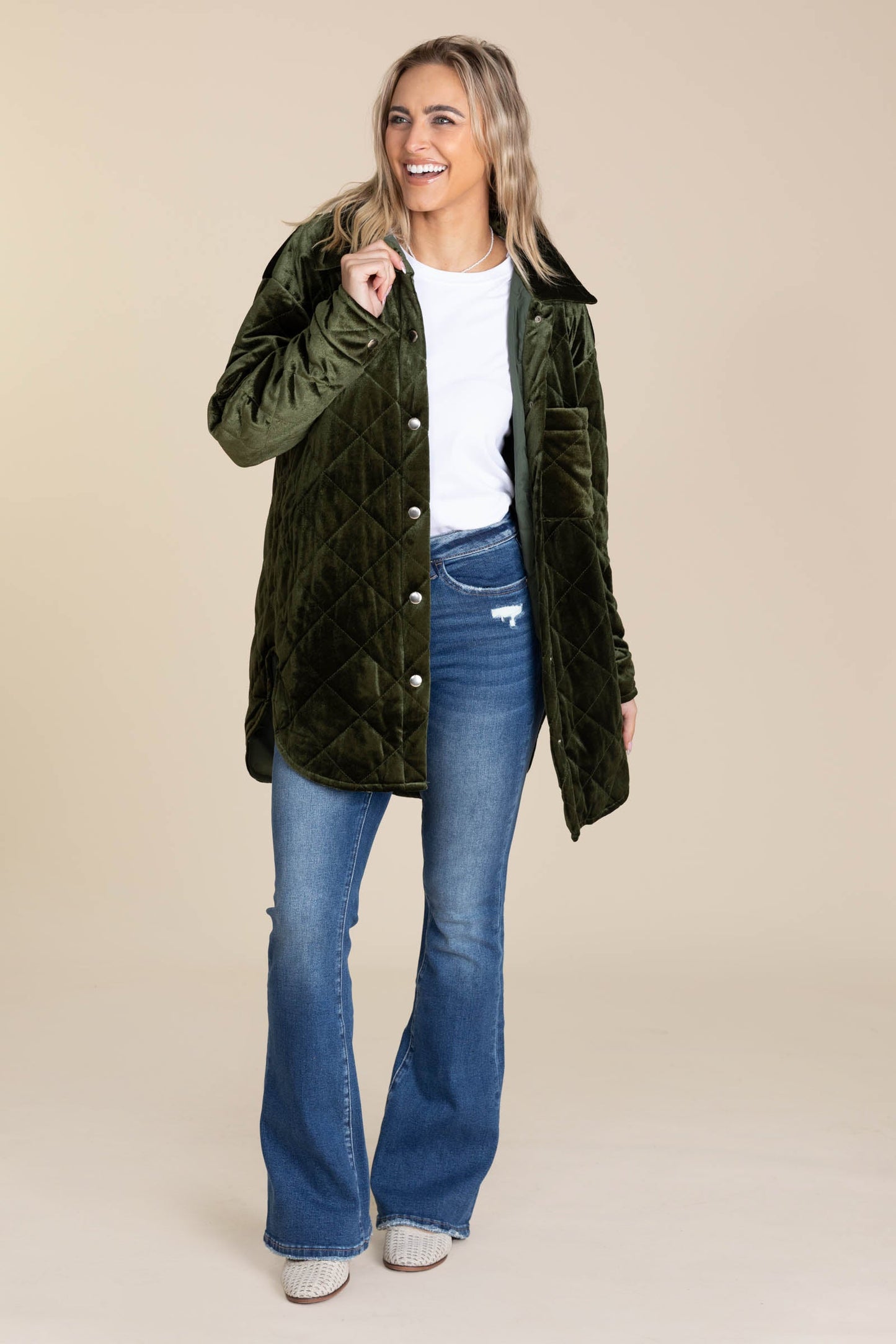 Olive Button Up Quilted Jacket With Curved Hem