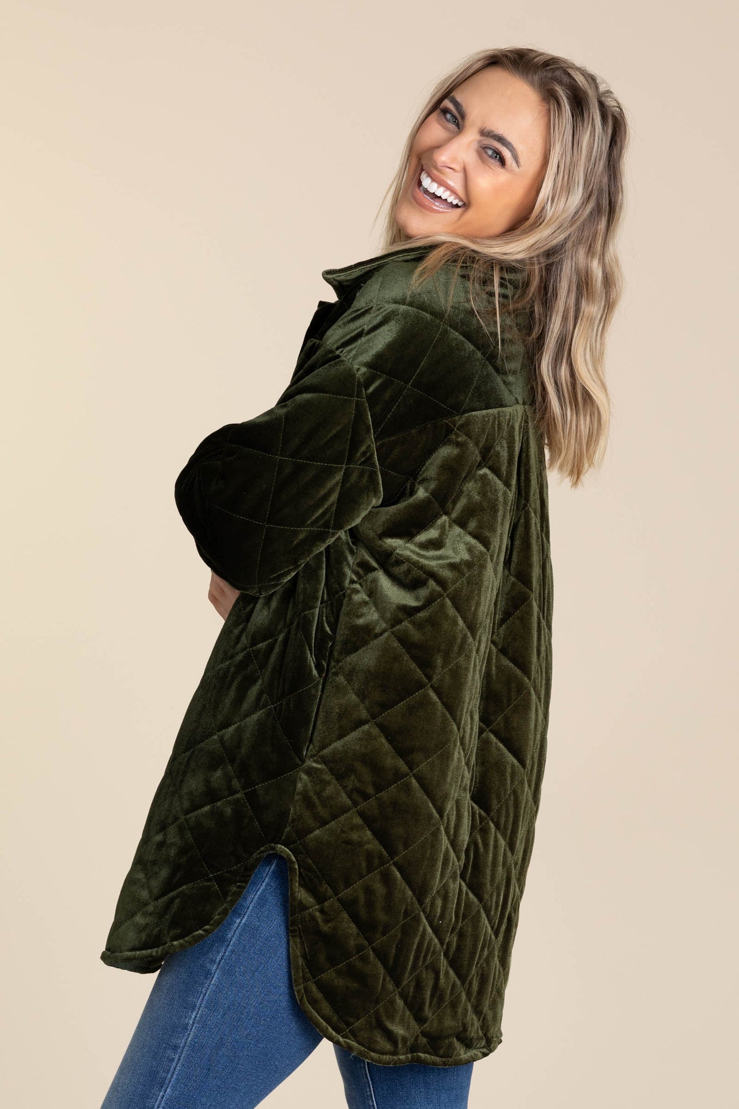Olive Button Up Quilted Jacket With Curved Hem