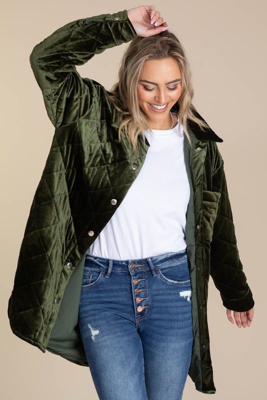 Olive Button Up Quilted Jacket With Curved Hem