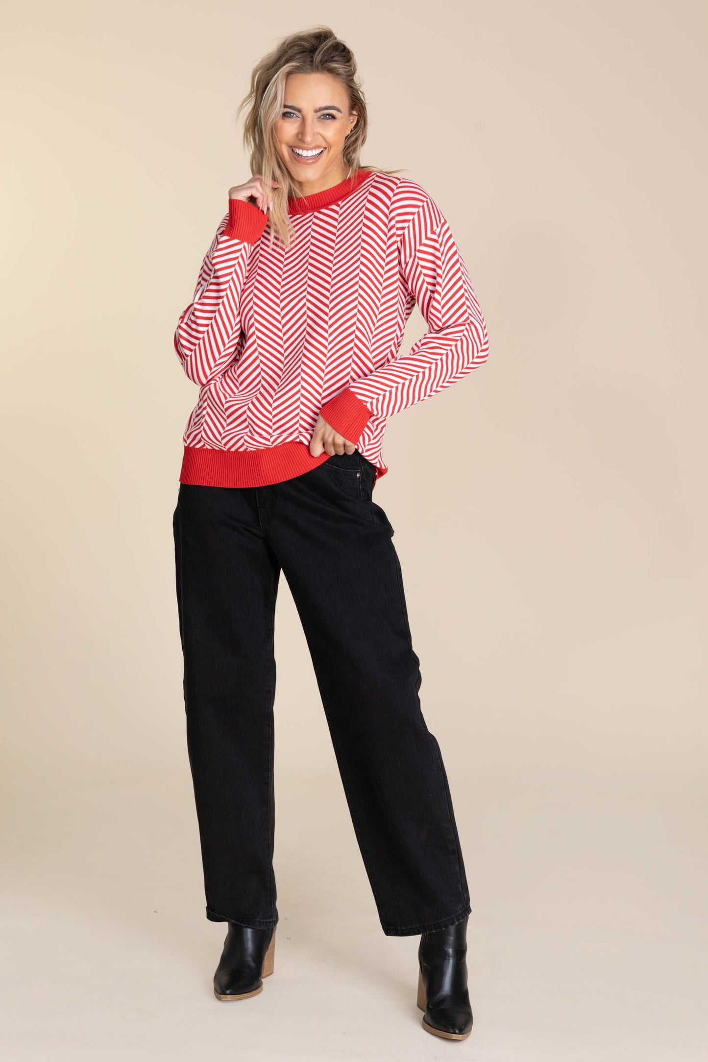 Red And White Stripe Contrast Sweater