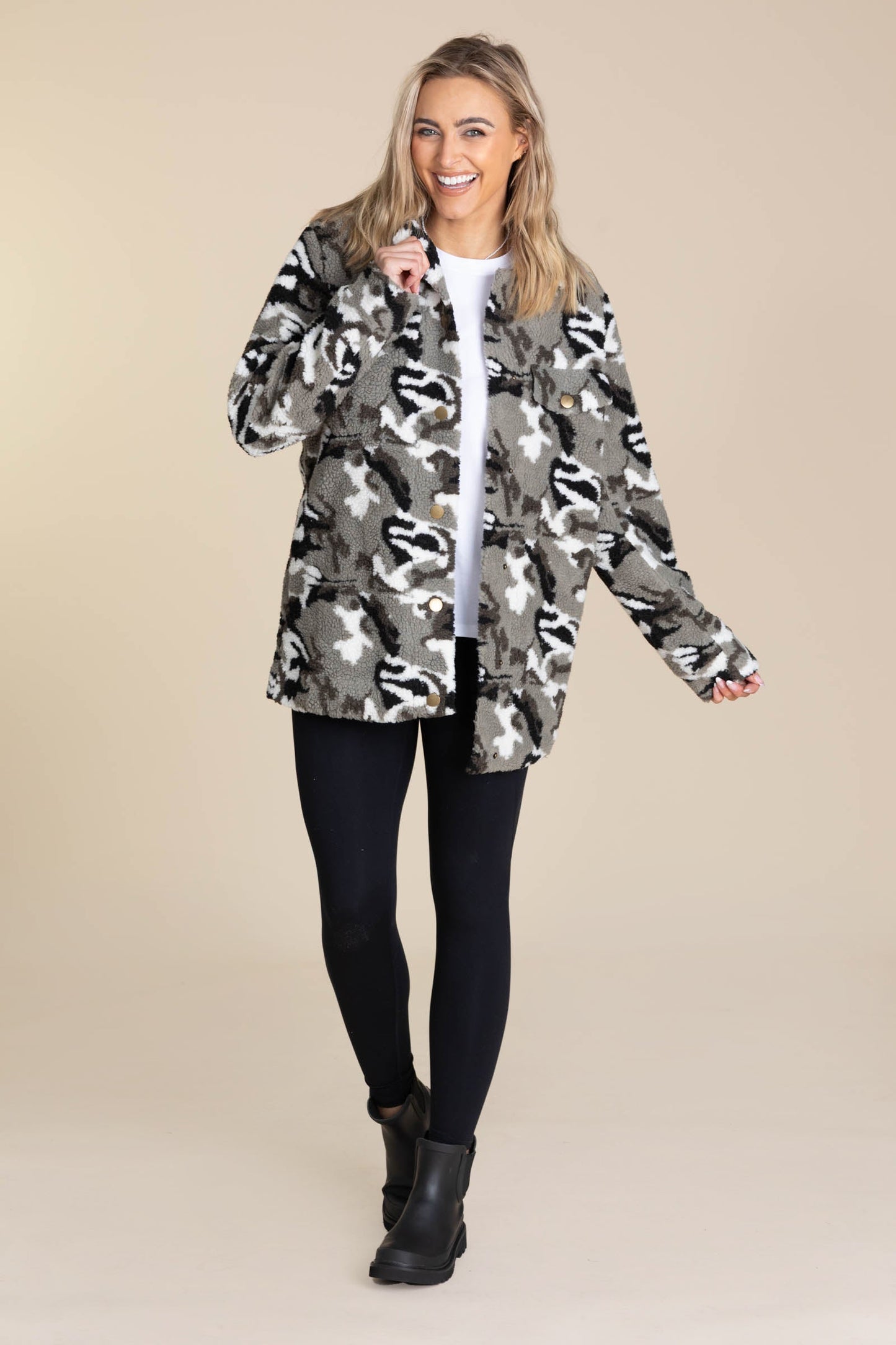 Camo Sherpa Snap Button Jacket