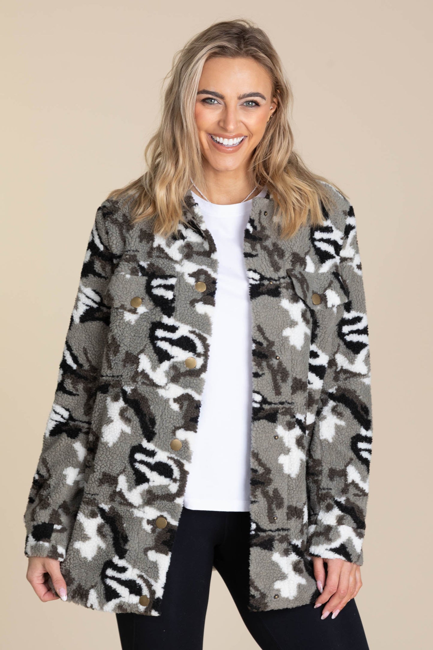 Camo Sherpa Snap Button Jacket