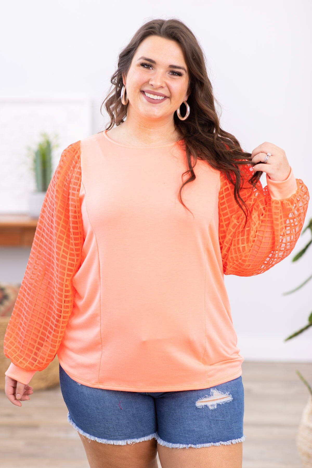 Neon Coral Textured Ballon Sleeve Top