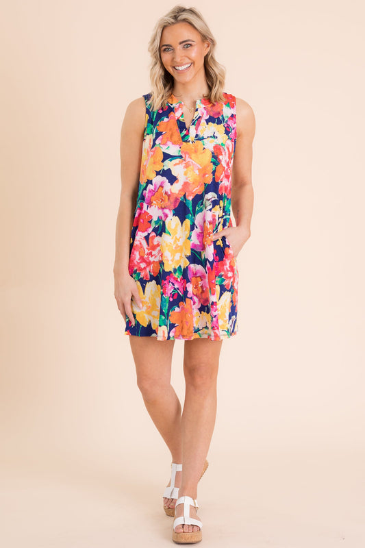 Navy With Floral Wrinkle Free Liz Dress