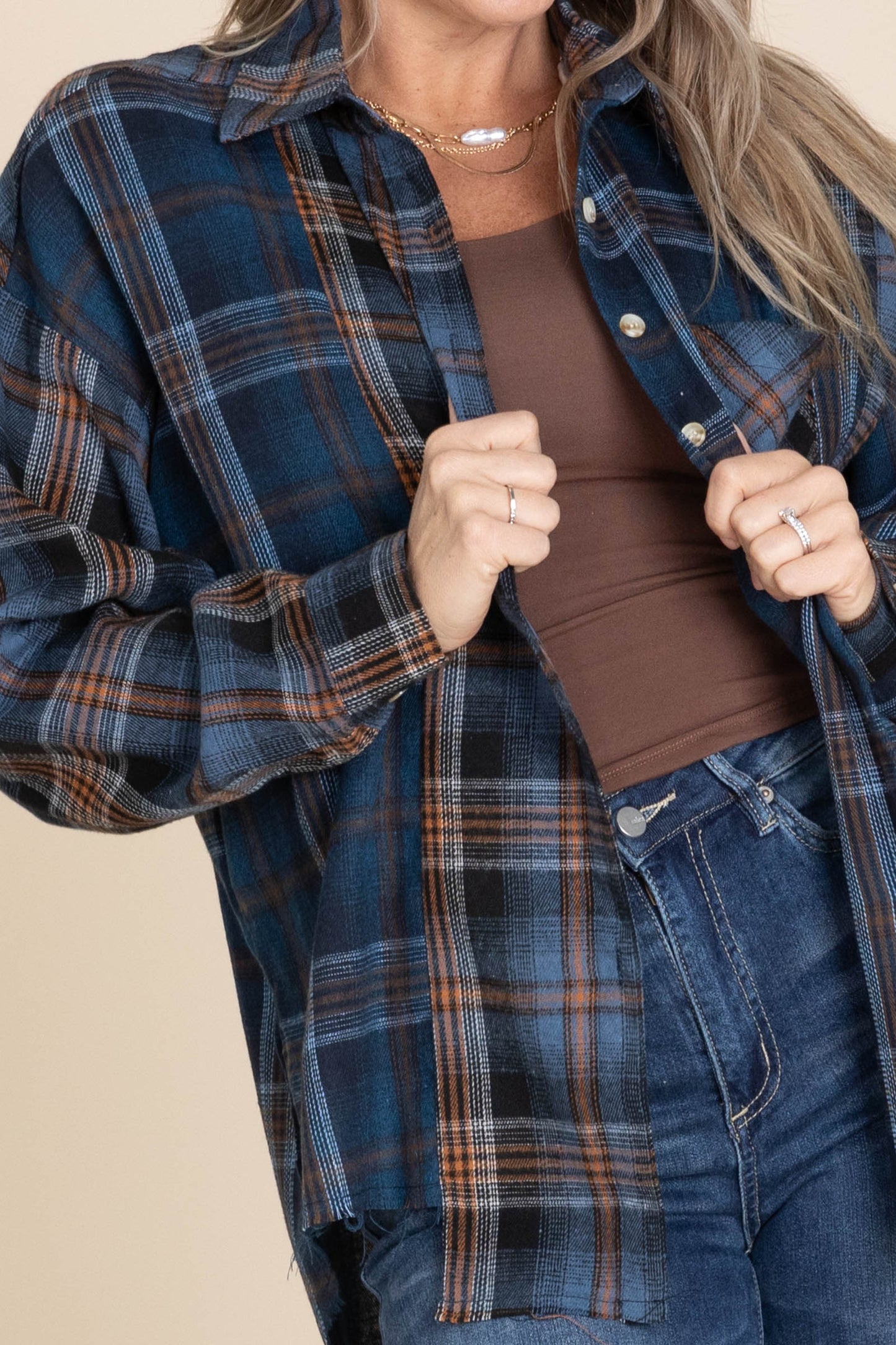 Navy And Cognac Plaid Flannel Shirt