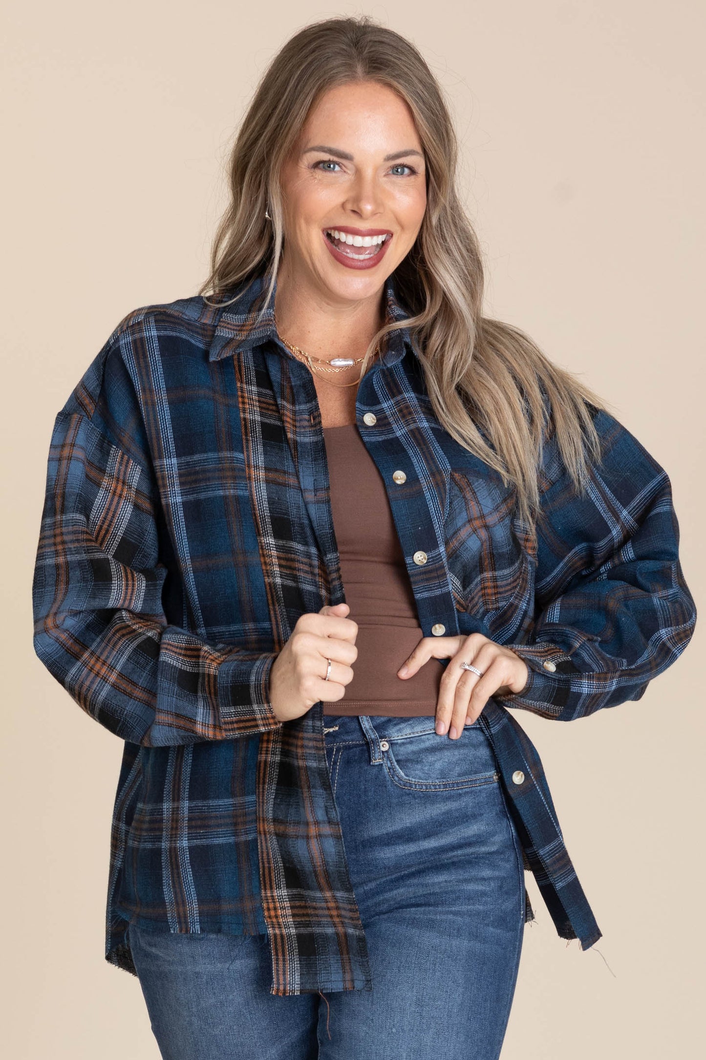 Navy And Cognac Plaid Flannel Shirt