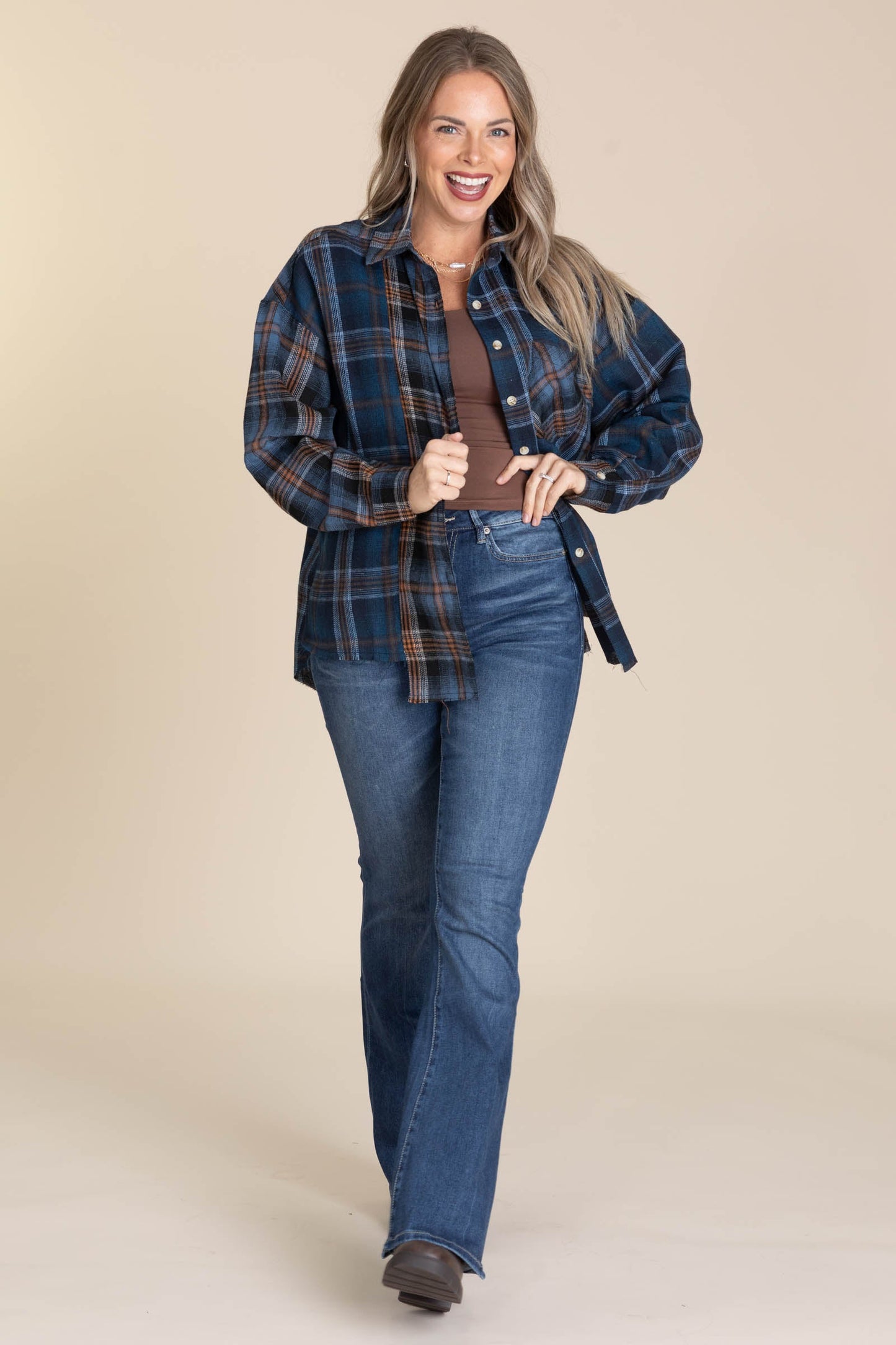 Navy And Cognac Plaid Flannel Shirt