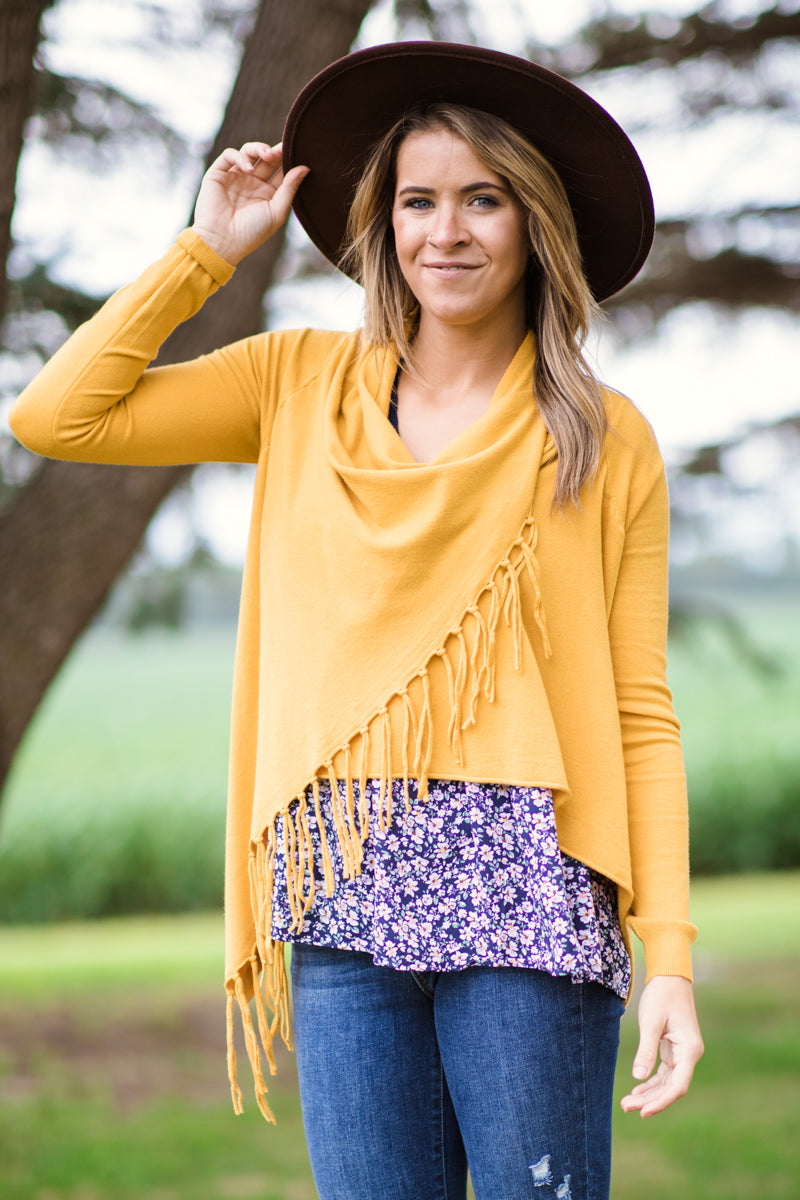 Mustard Fringe Trim Cardigan