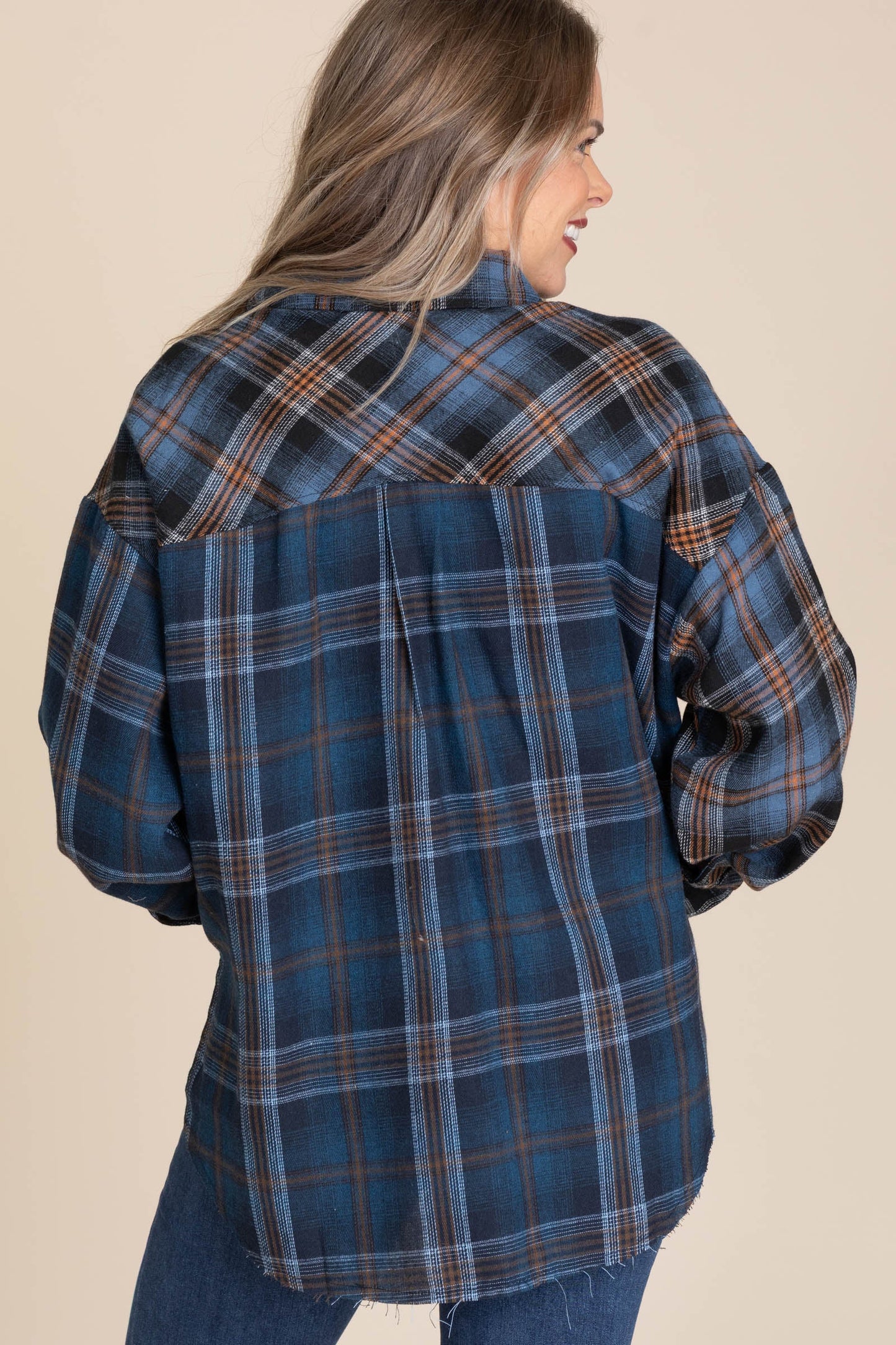 Navy And Cognac Plaid Flannel Shirt