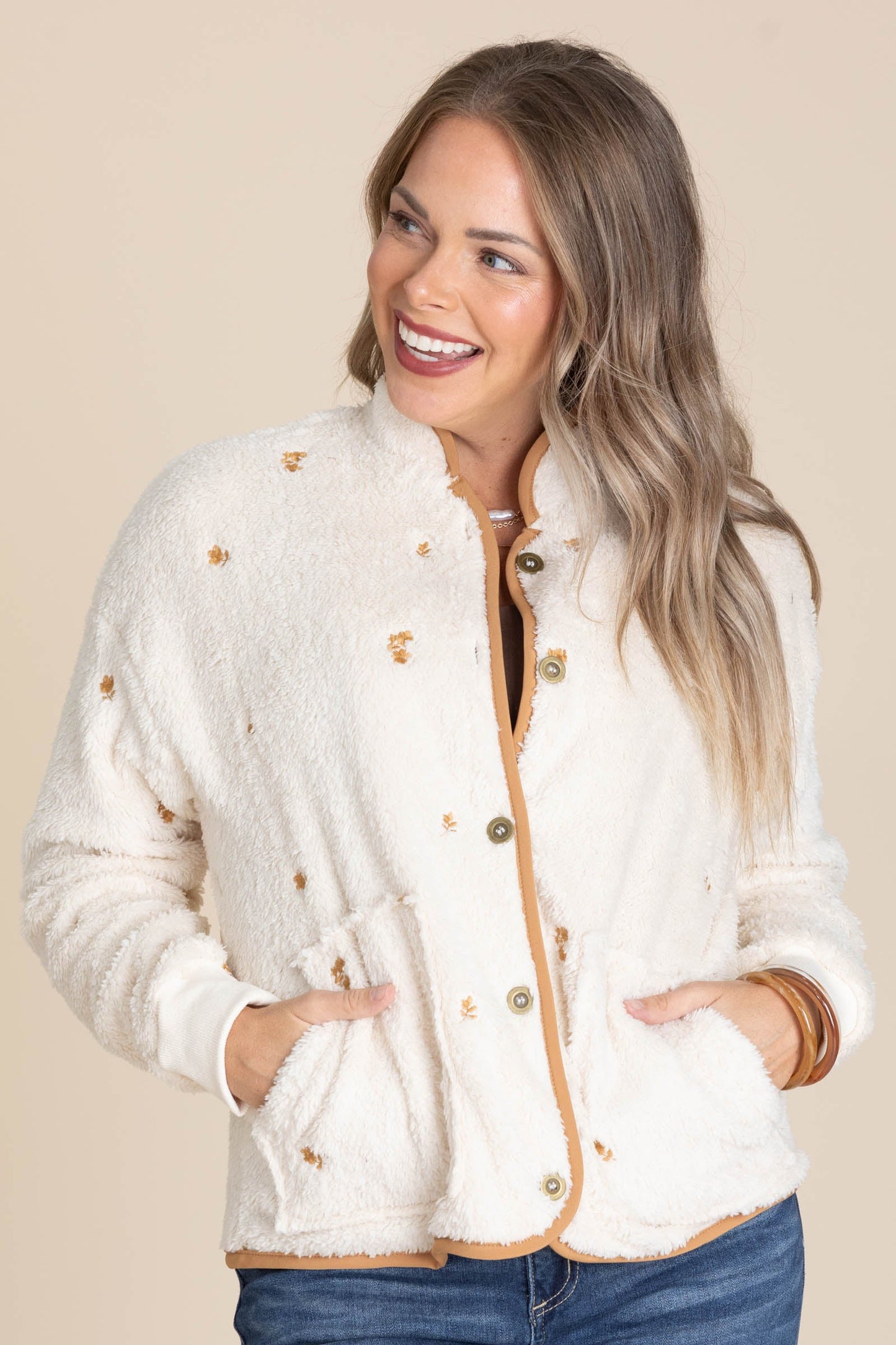 Cream With Camel Cabin Fleece Jacket