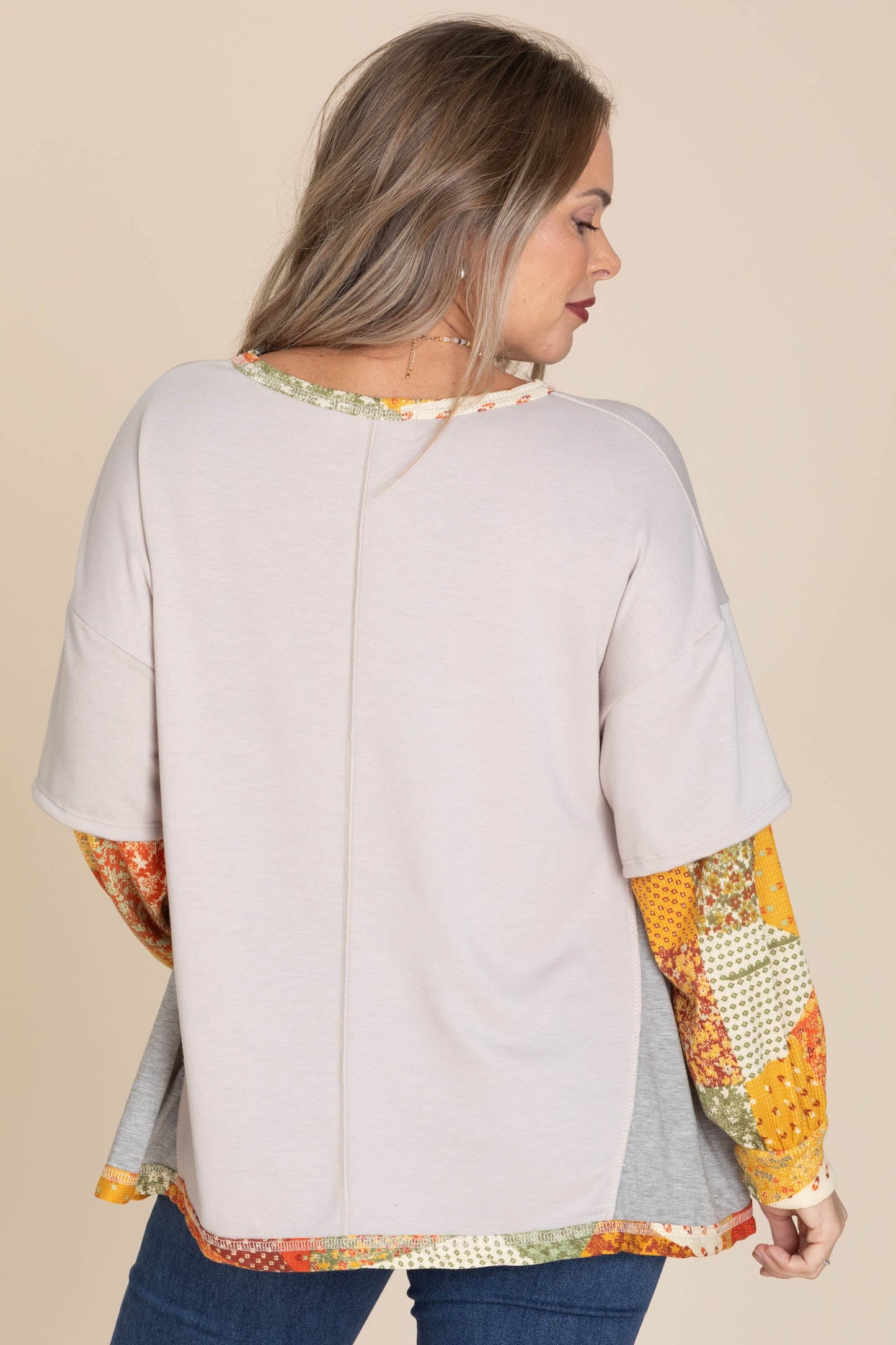 Patchwork Sleeve Faux Layered Top