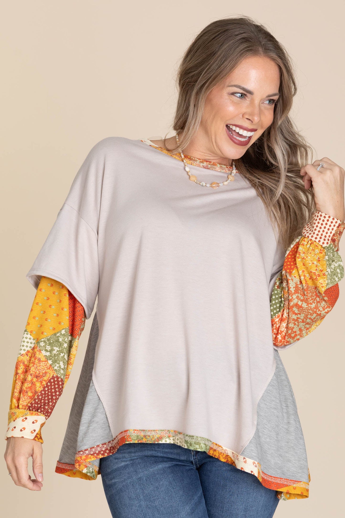 Patchwork Sleeve Faux Layered Top