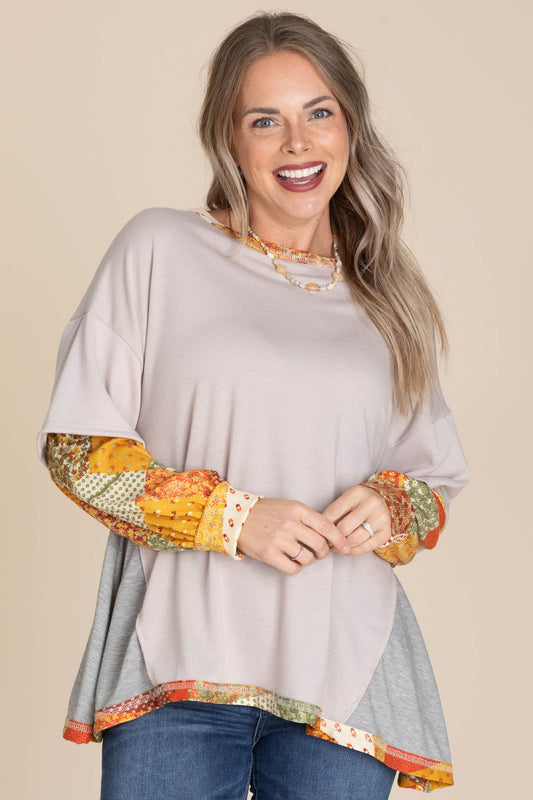 Patchwork Sleeve Faux Layered Top