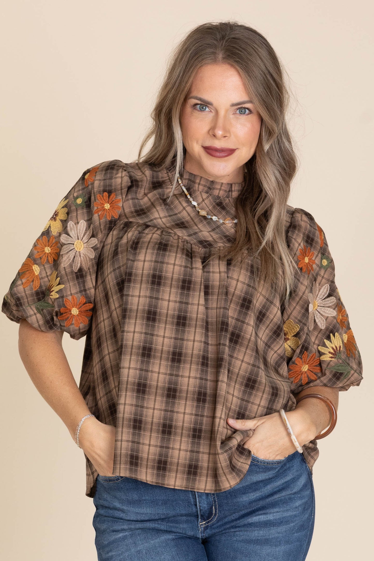 Brown Plaid Puff Short Sleeve Floral Woven Top
