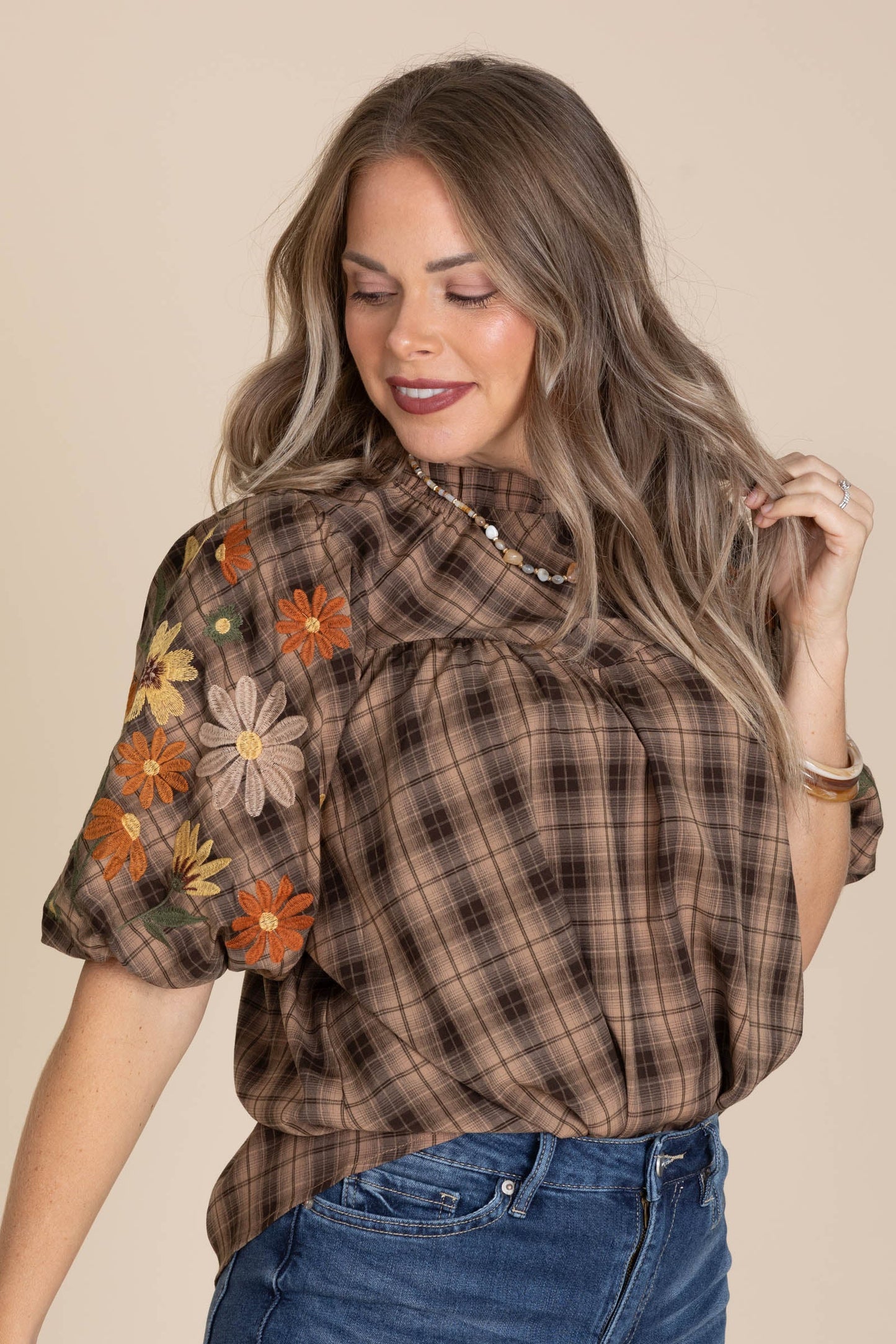 Brown Plaid Puff Short Sleeve Floral Woven Top
