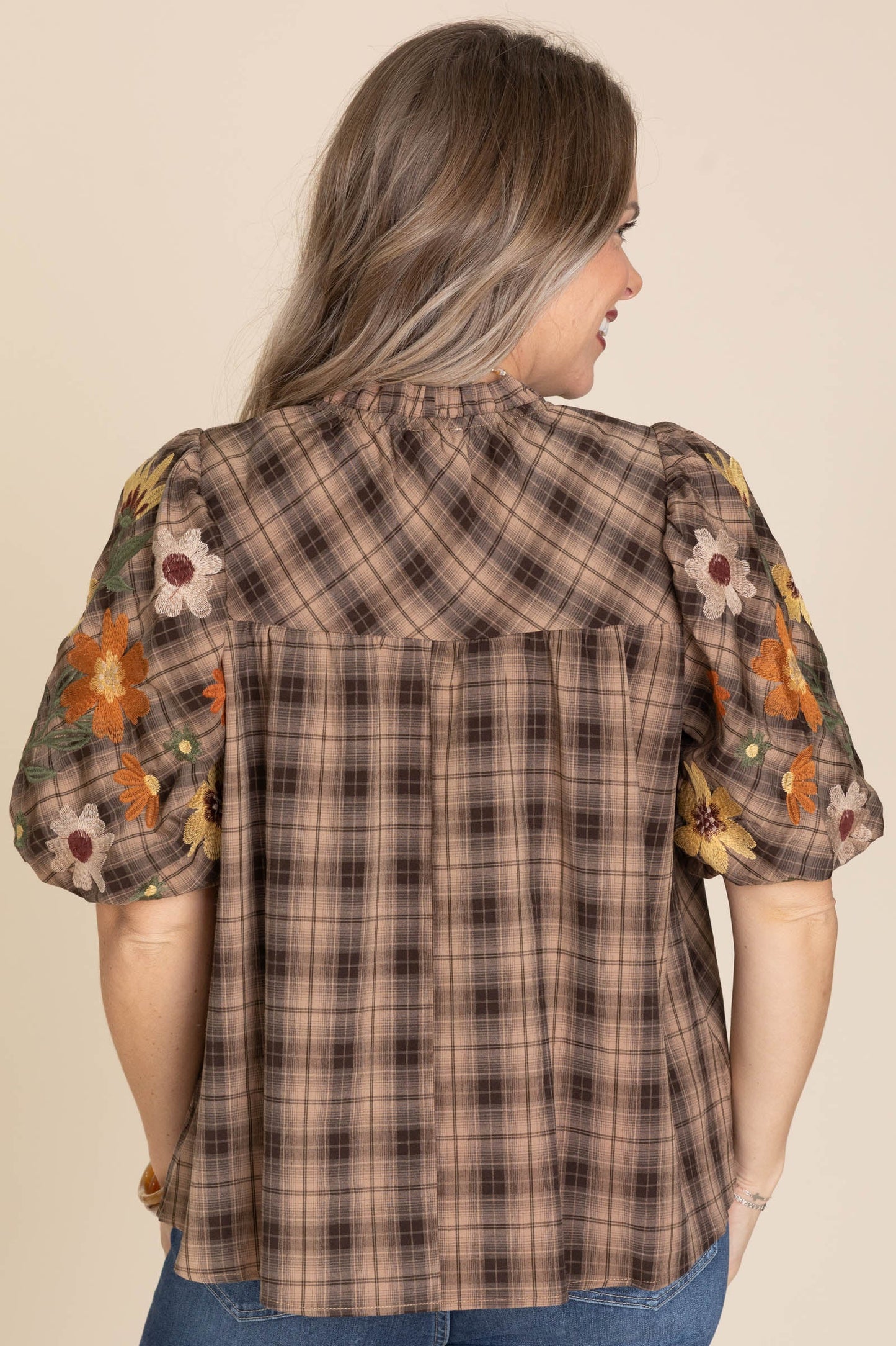 Brown Plaid Puff Short Sleeve Floral Woven Top