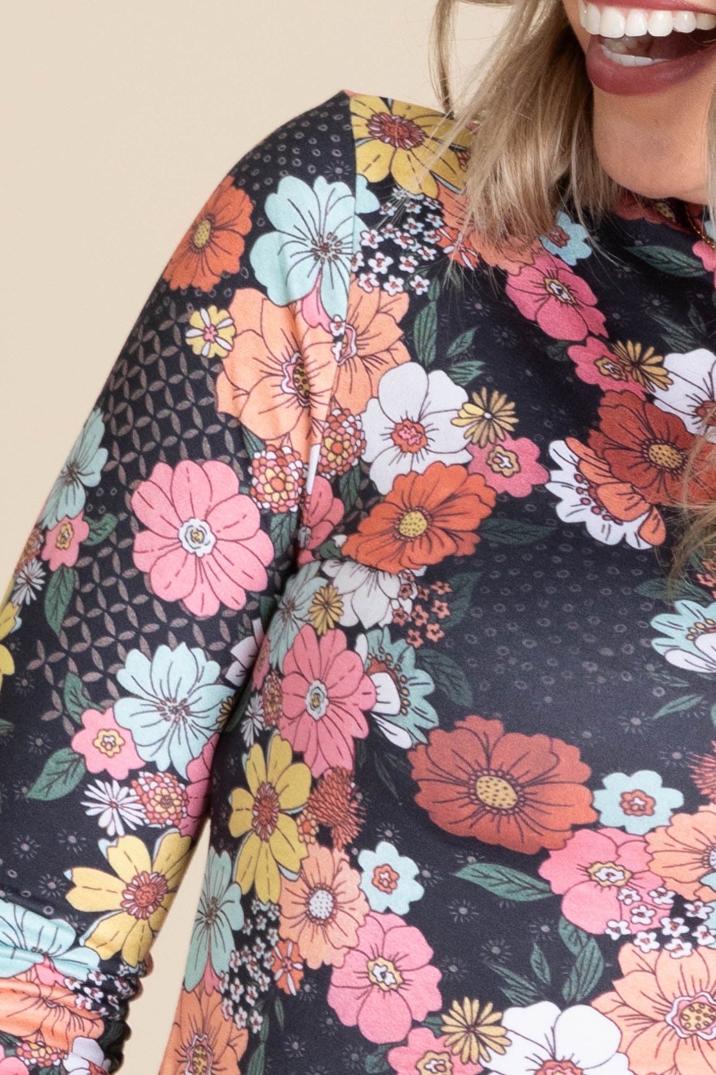 Black Mock Neck Floral Knit Top