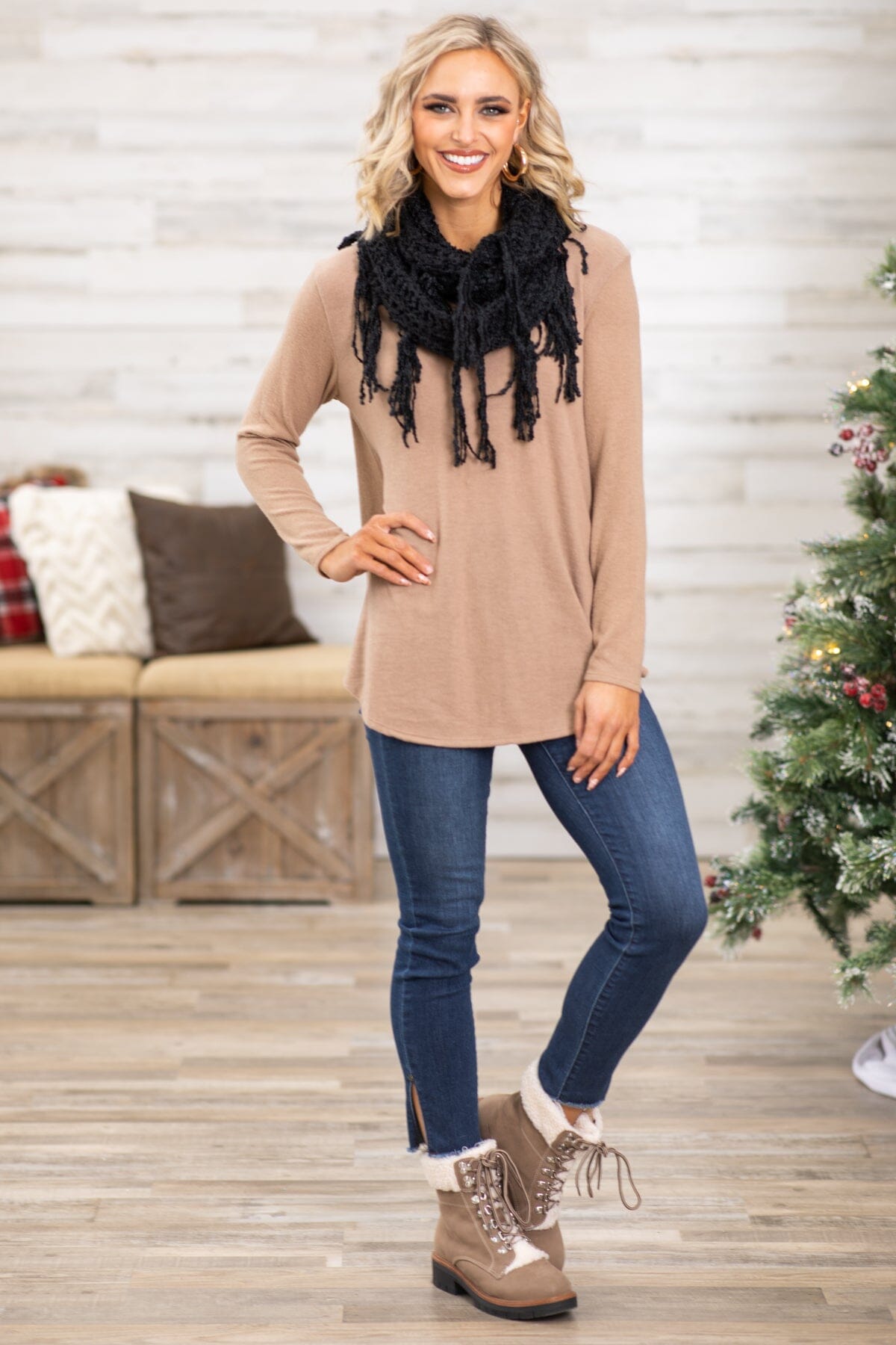 Taupe Top and Black Infinity Scarf Bundle