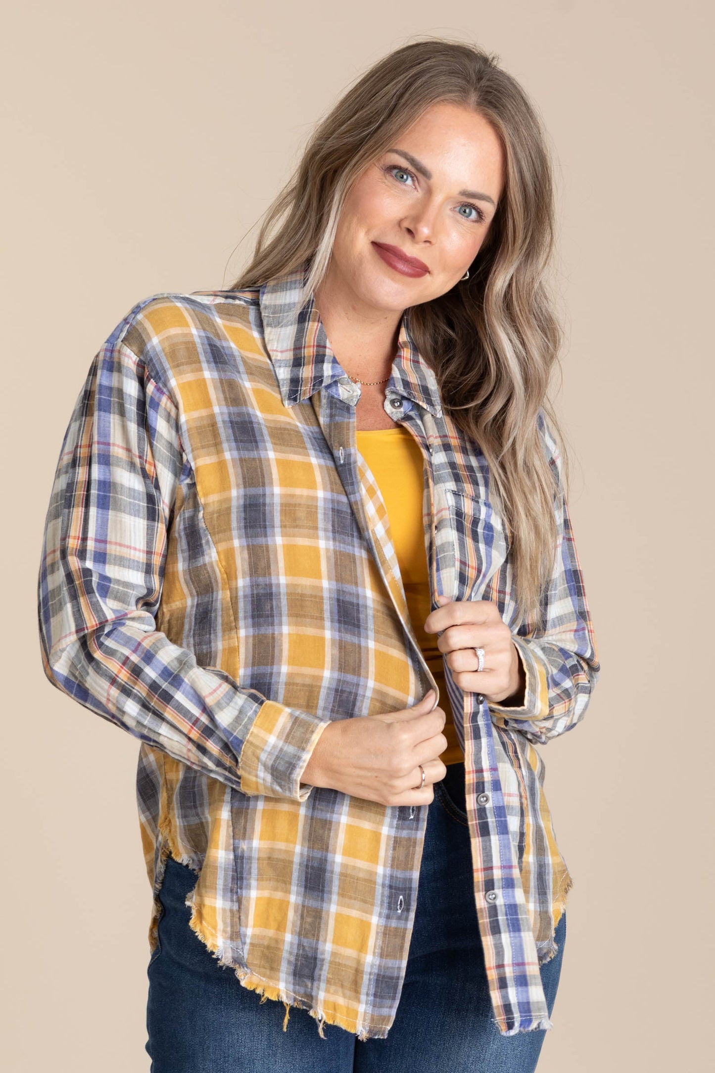 Mustard And Navy Plaid Button Up Fray Hem