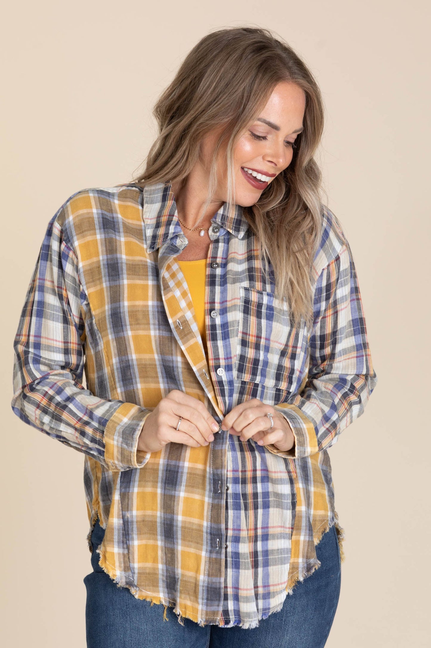 Mustard And Navy Plaid Button Up Fray Hem