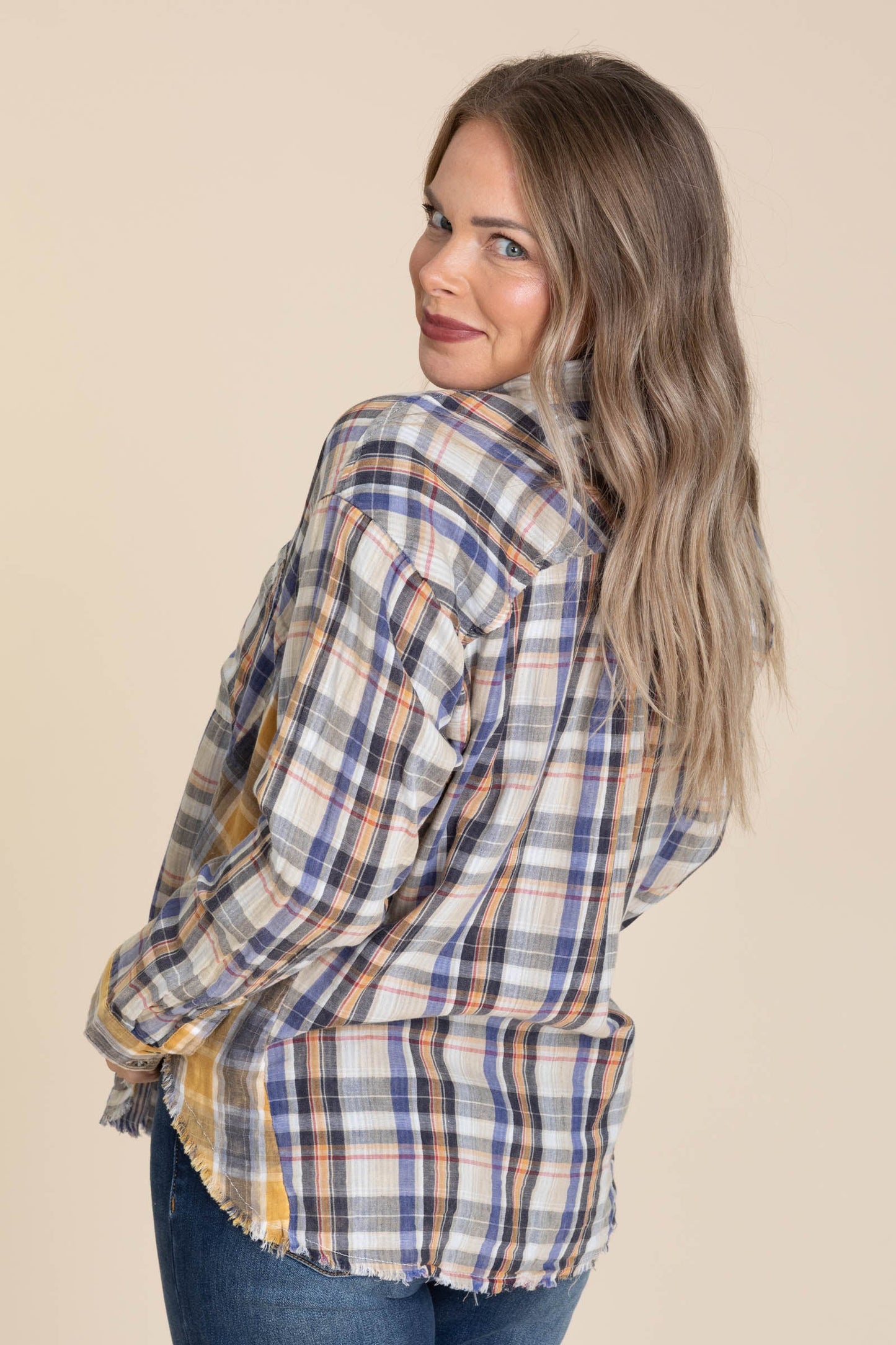 Mustard And Navy Plaid Button Up Fray Hem